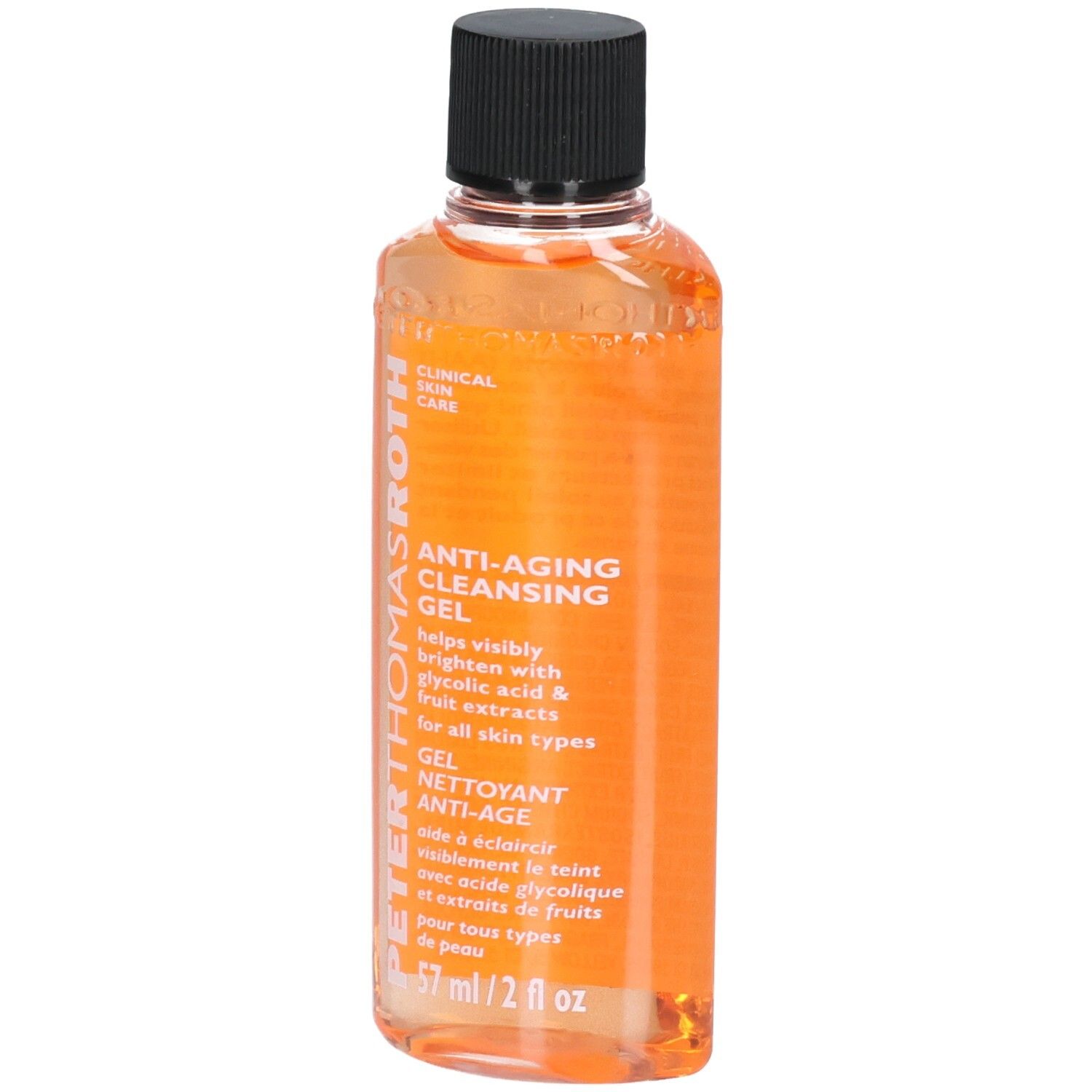 Peter Thomas Roth Anti-Aging Cleansing Gel, 57 ml. Orangefarbenes Gel in klarer Flasche mit schwarzem Deckel.