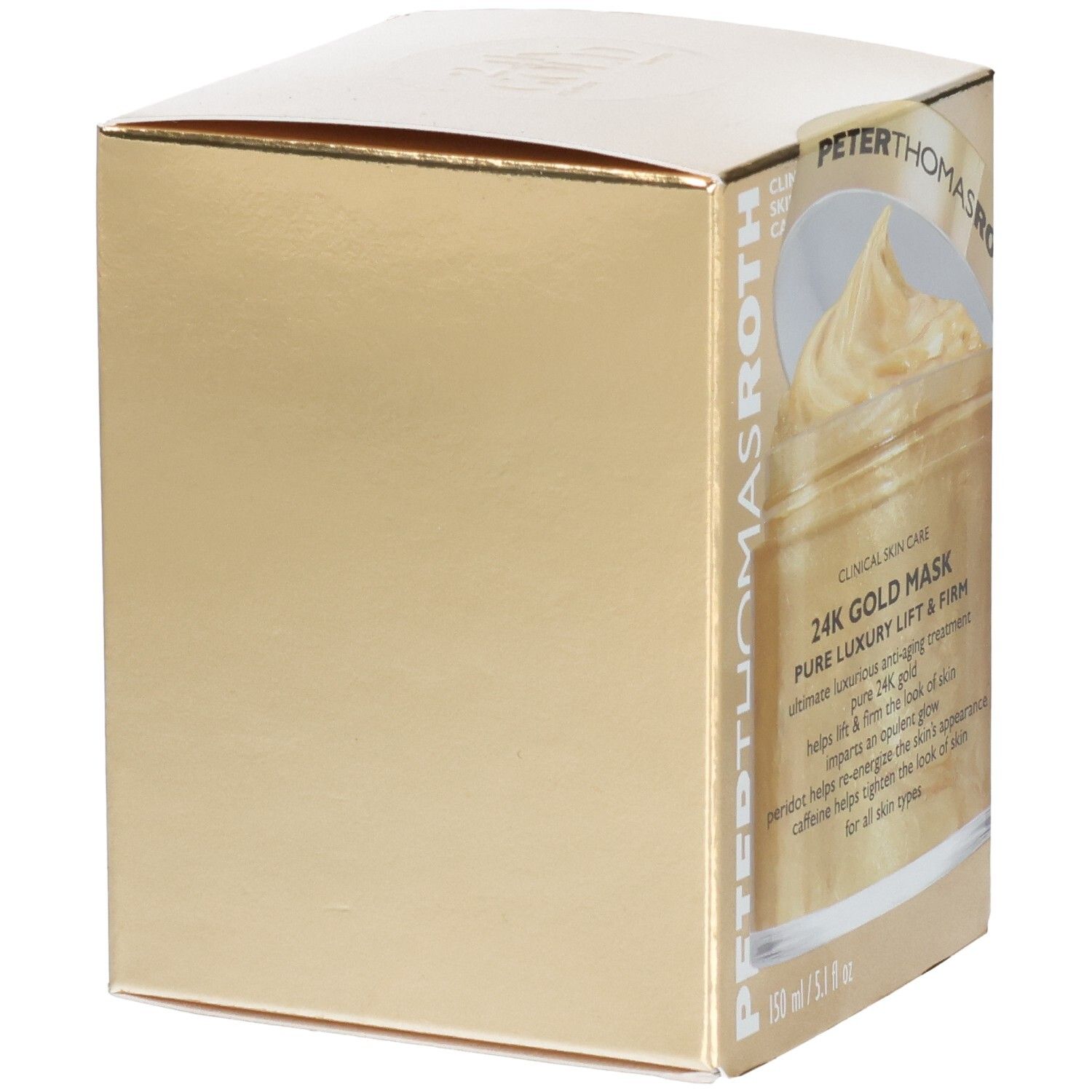 Goldene Verpackung der Peter Thomas Roth 24K Gold Mask, Seitenansicht.