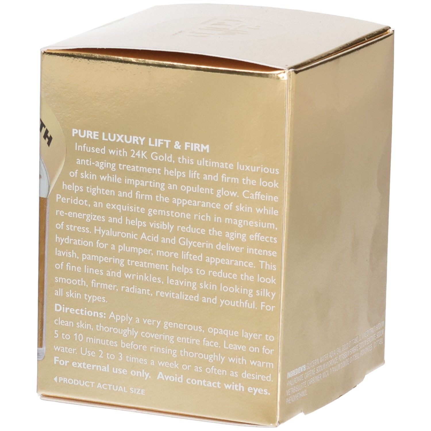 Peter Thomas Roth 24K Gold Mask: Goldene Box mit Produktbeschreibung und Anwendungshinweisen.