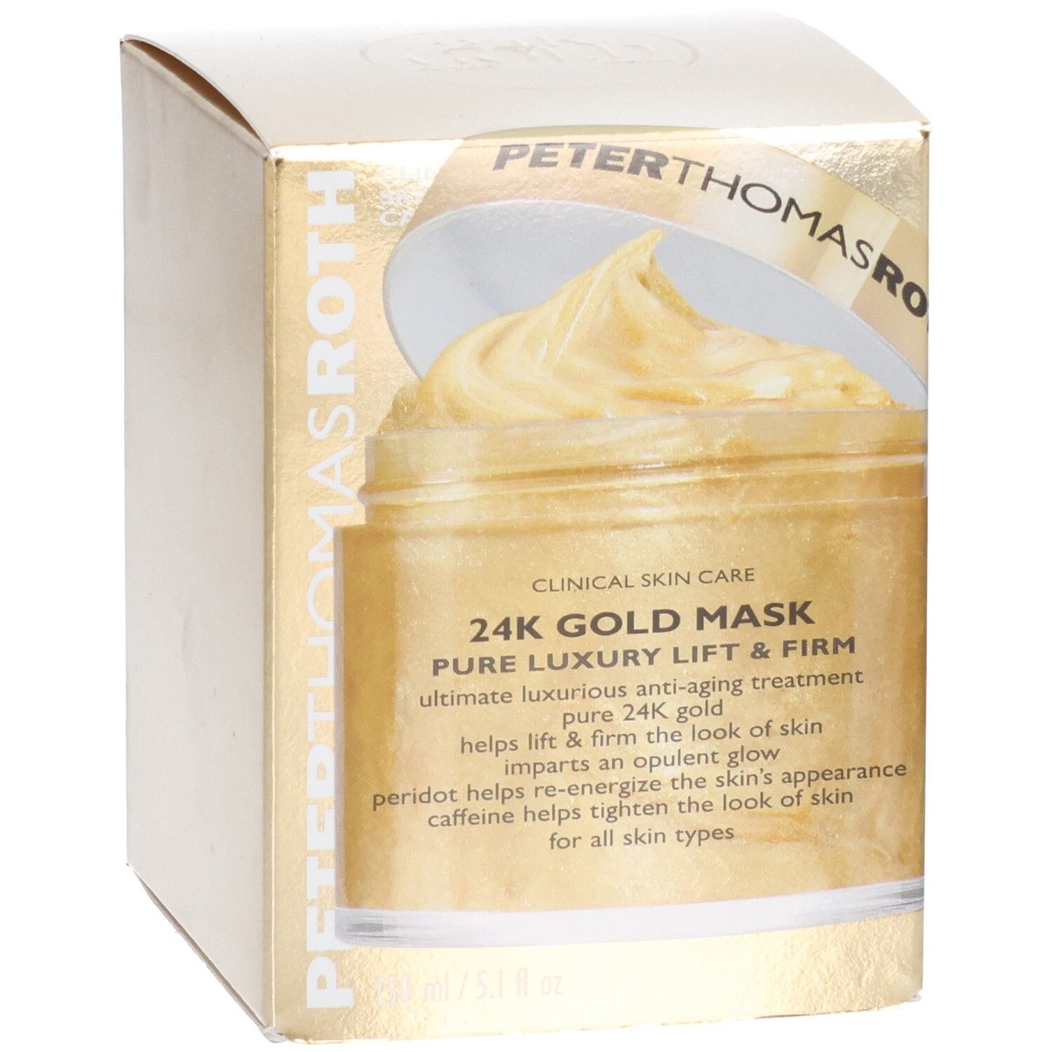 Peter Thomas Roth 24K Gold Mask: Goldene Gesichtsmaske in einem Glas, verpackt in einer goldenen Box.
