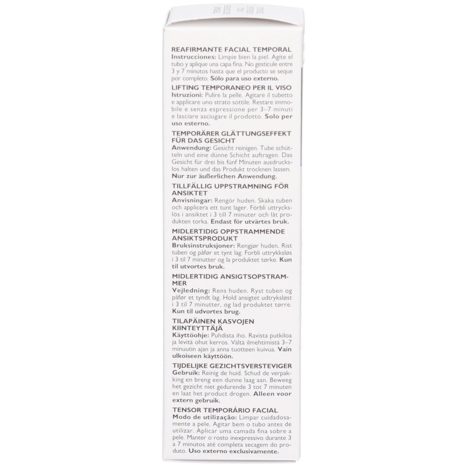 Seitenansicht der Produktverpackung mit Anleitungen in verschiedenen Sprachen.