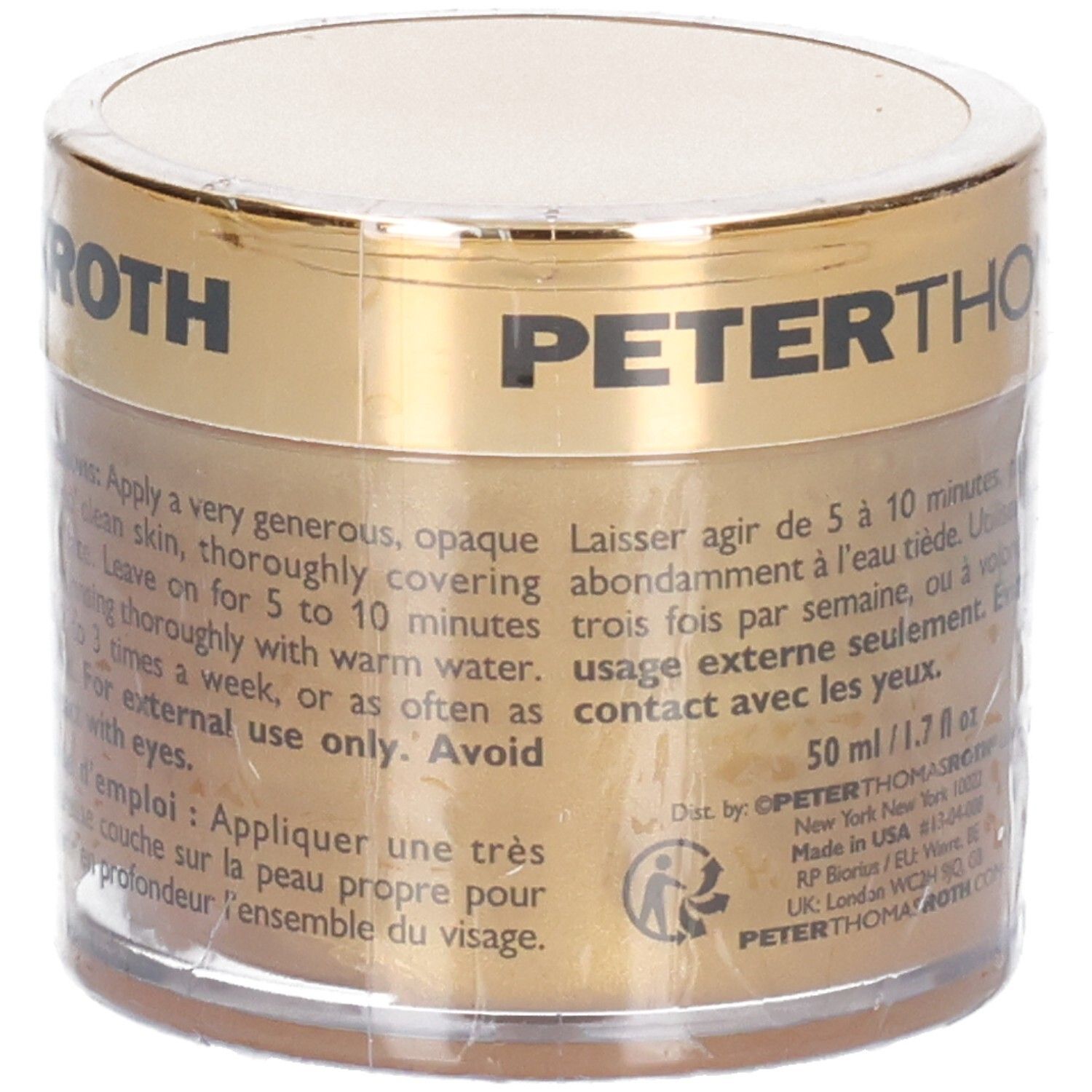 Peter Thomas Roth 24K Gold Mask: Seitenansicht mit Anwendungshinweisen in mehreren Sprachen.