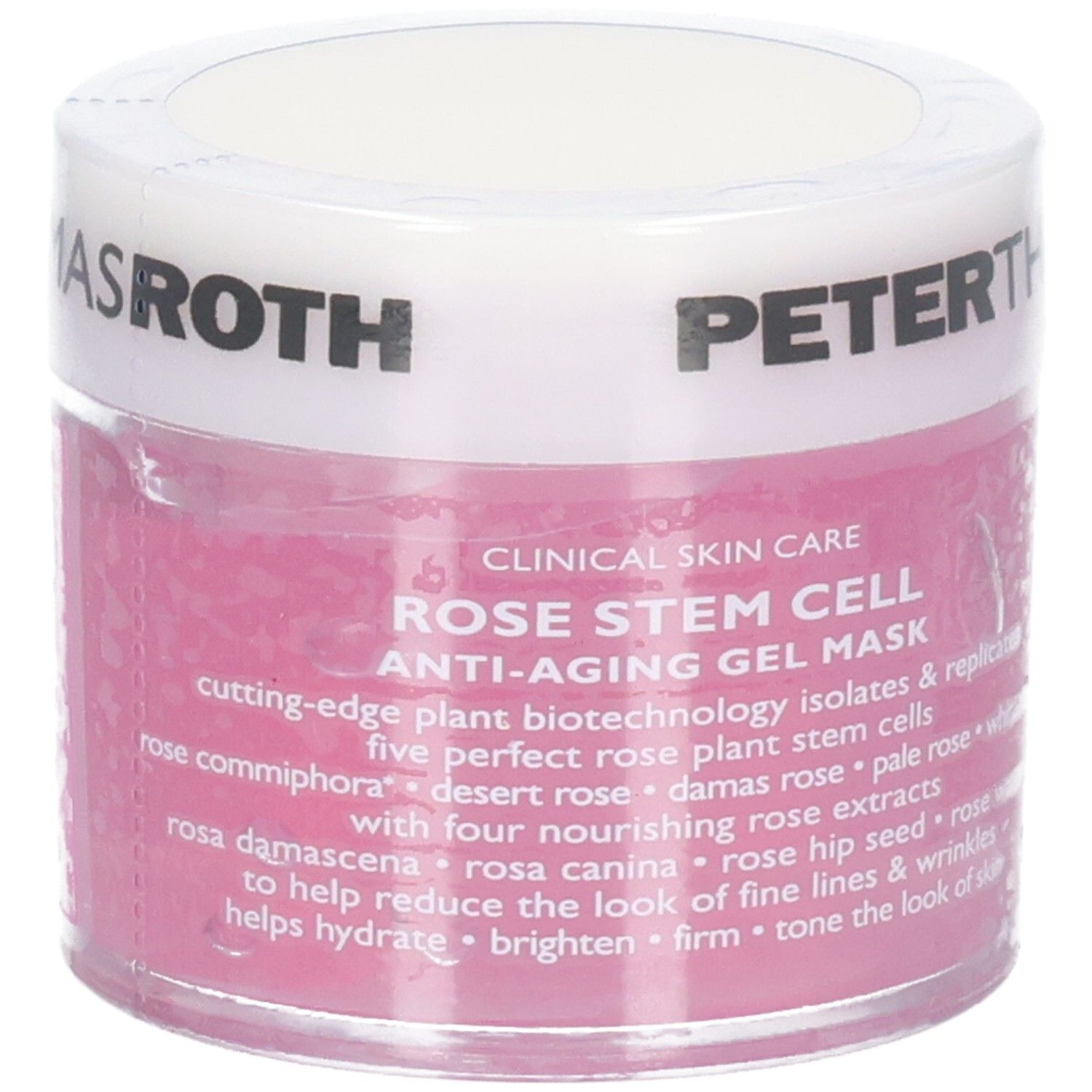 Peter Thomas Roth Rose Stem Cell Anti-Aging Gel Maske, 50 ml. Rosa Gel-Maske in durchsichtigem Tiegel mit weißem Deckel.