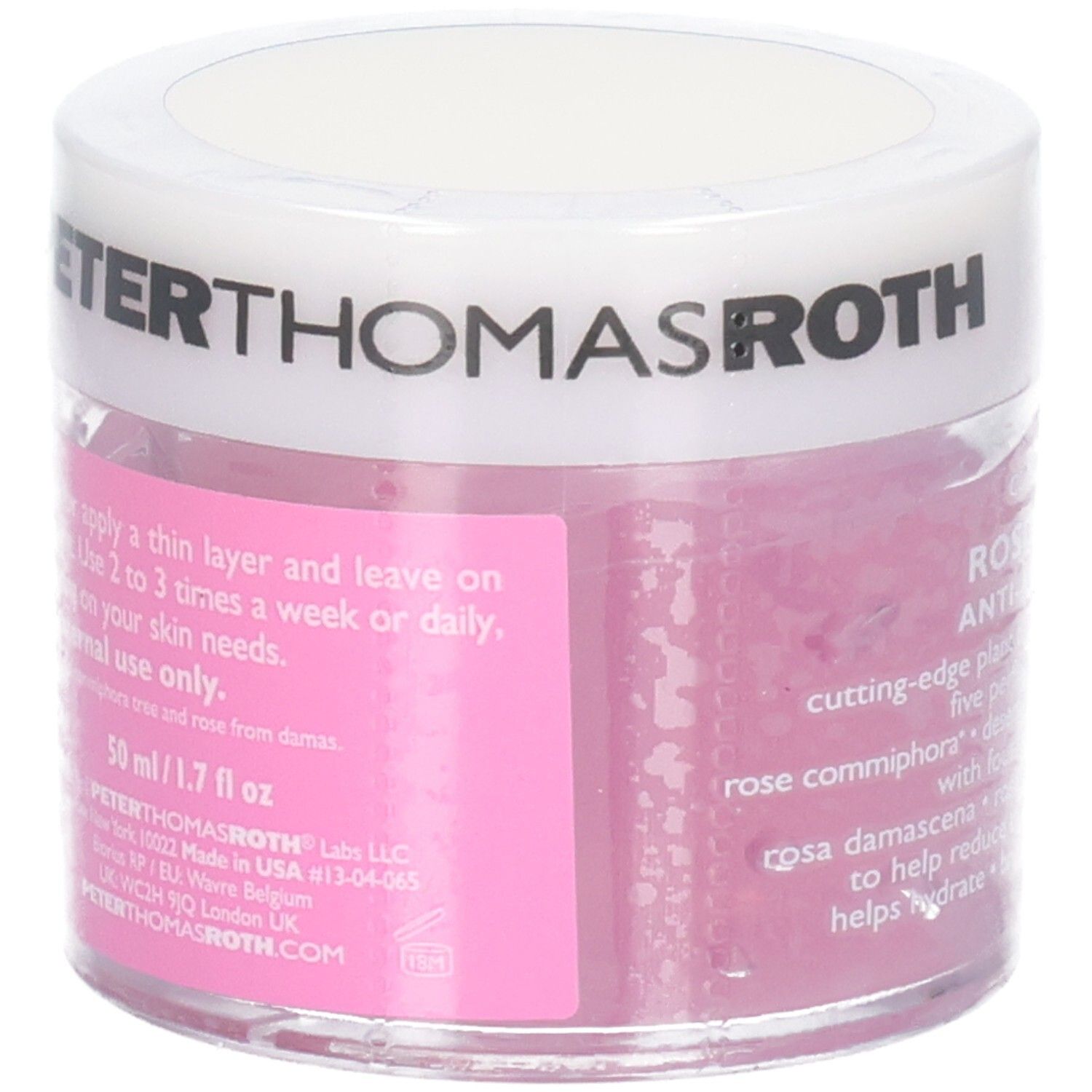 Peter Thomas Roth Rose Stem Cell Anti-Aging Gel Maske, 50 ml. Rückseite des Tiegels mit Anwendungshinweisen und Produktinformationen.