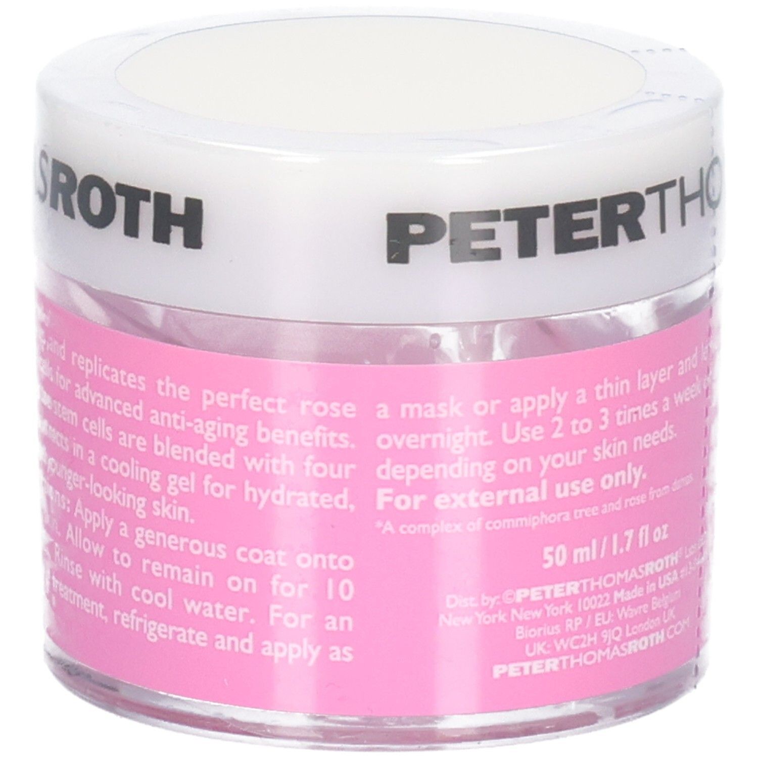 Peter Thomas Roth Rose Stem Cell Anti-Aging Gel Maske, 50 ml. Seitenansicht des Tiegels mit Anwendungshinweisen.