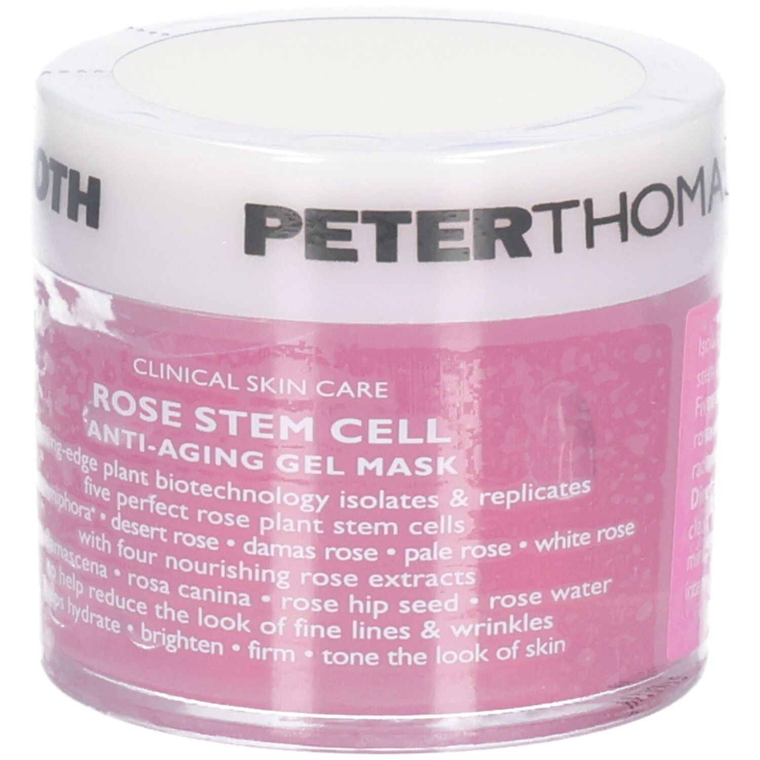 Peter Thomas Roth Rose Stem Cell Anti-Aging Gel Maske, 50 ml. Vorderansicht des Tiegels mit Etikett, das Inhaltsstoffe und Vorteile beschreibt.