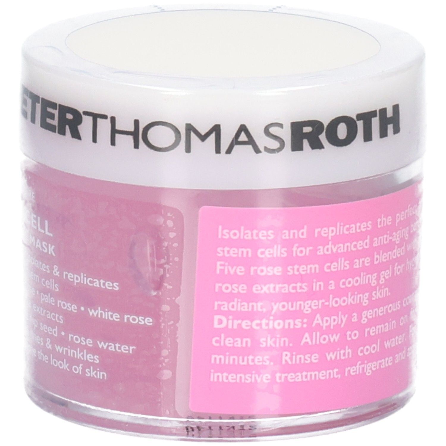 Peter Thomas Roth Rose Stem Cell Anti-Aging Gel Maske, 50 ml. Seitenansicht des Tiegels mit Etikett, das Anwendungshinweise enthält.