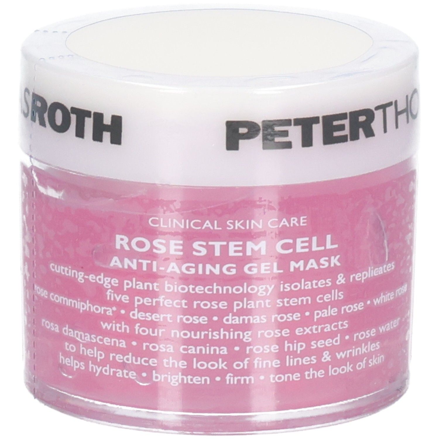Peter Thomas Roth Rose Stem Cell Anti-Aging Gel Maske, 50 ml. Nahaufnahme des Tiegels mit Etikett, das Produktinformationen zeigt.