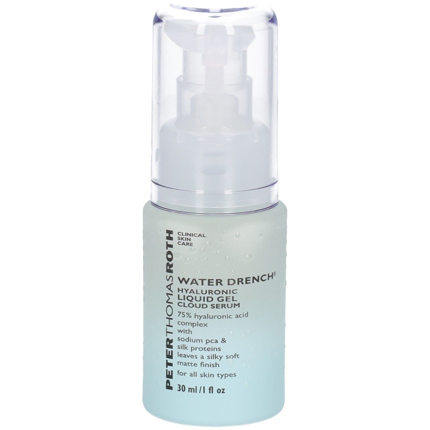 Peter Thomas Roth Water Drench Serum in Pumpspenderflasche mit klarem Deckel. Hellblaue Flasche mit weißem Etikett.