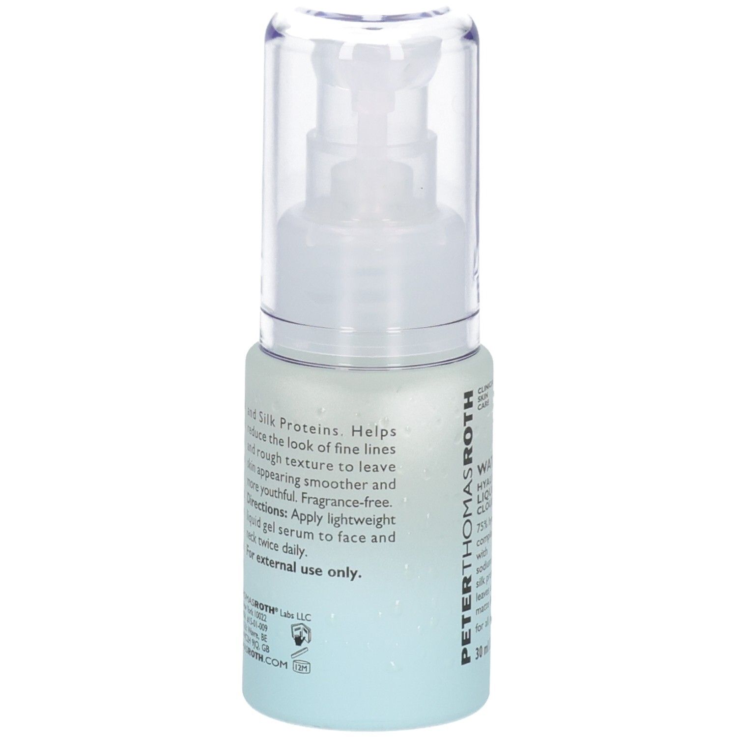 Rückseite der Peter Thomas Roth Water Drench Serum Flasche mit Produktinformationen und Anwendungshinweisen.