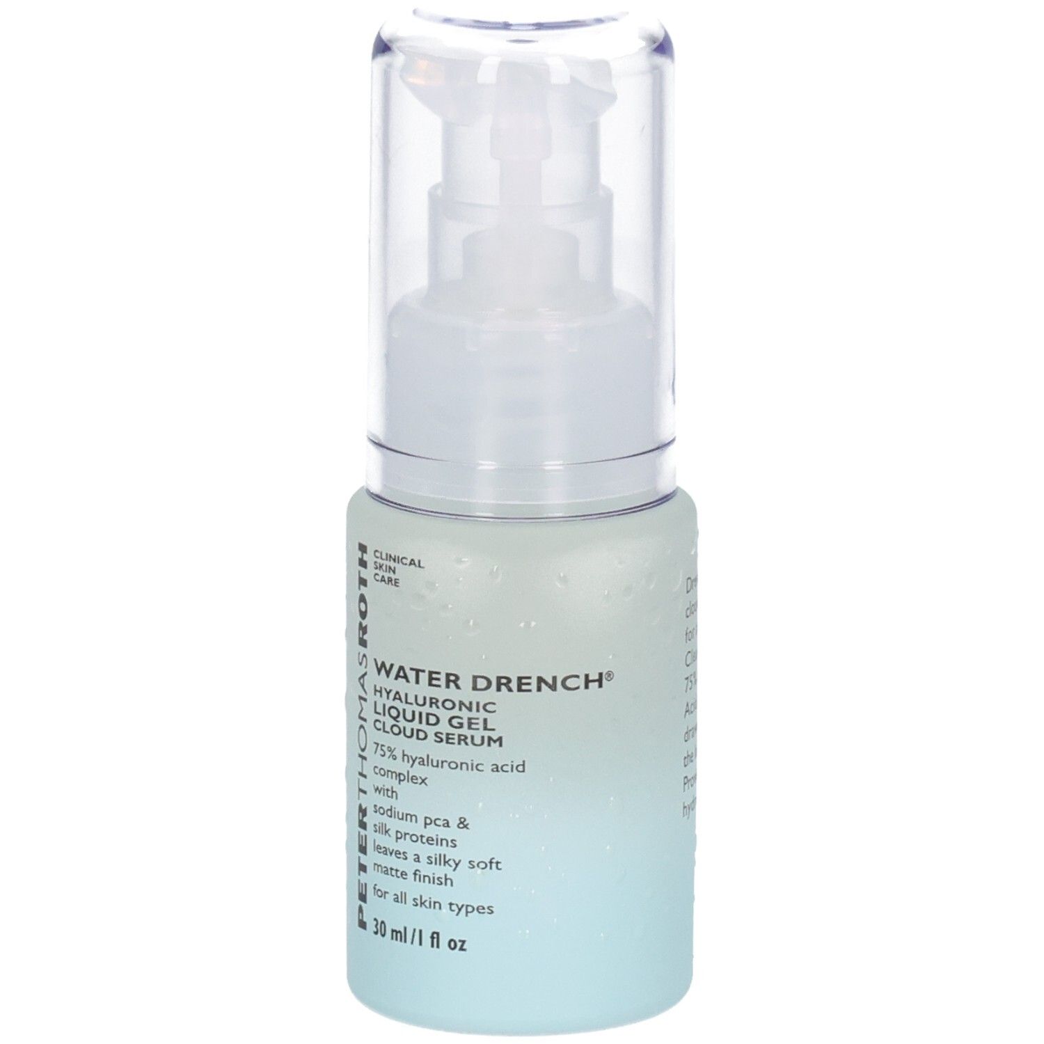 Peter Thomas Roth Water Drench Serum in Pumpspenderflasche, Vorderansicht. Hellblaue Flasche mit weißem Etikett.