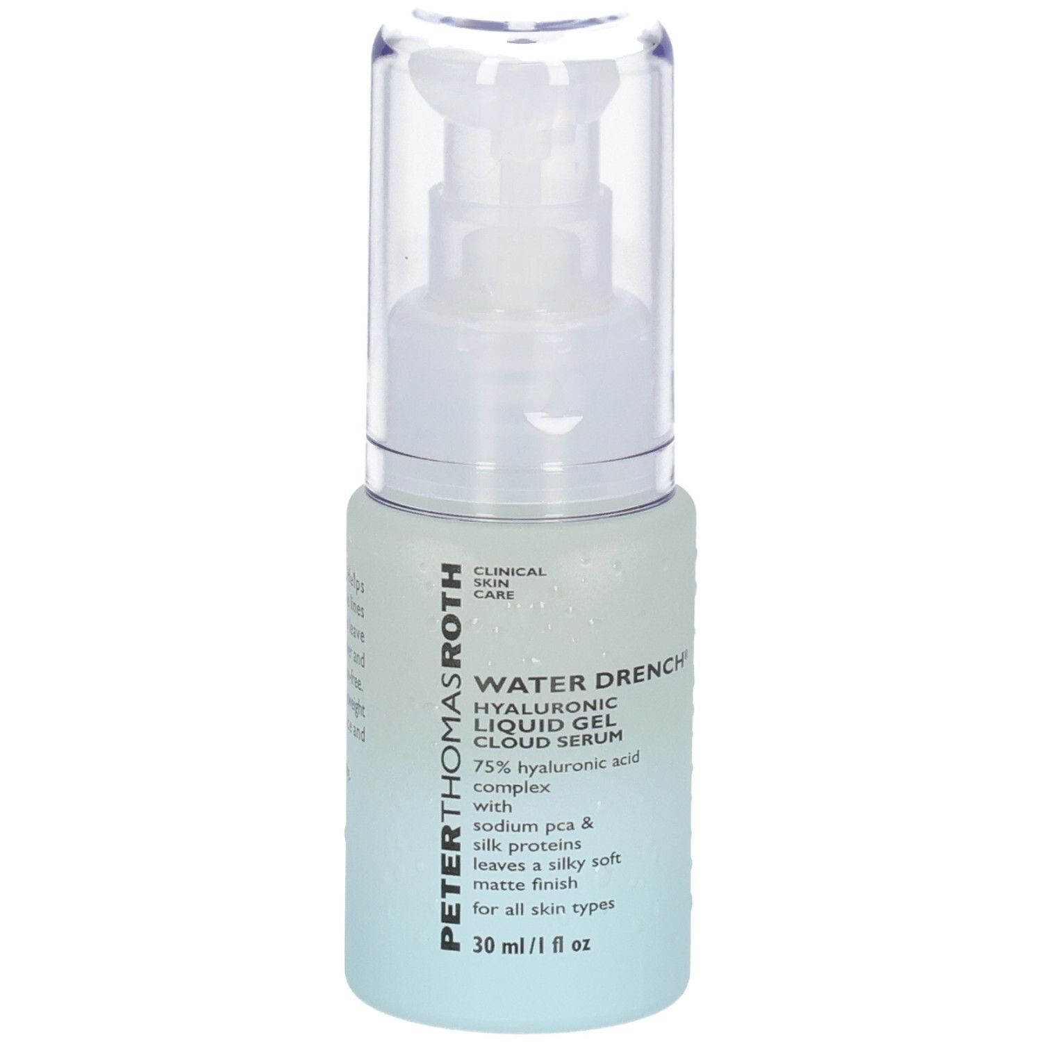 Peter Thomas Roth Water Drench Serum Flasche mit Etikett, das '75% Hyaluronic Acid Complex' zeigt.