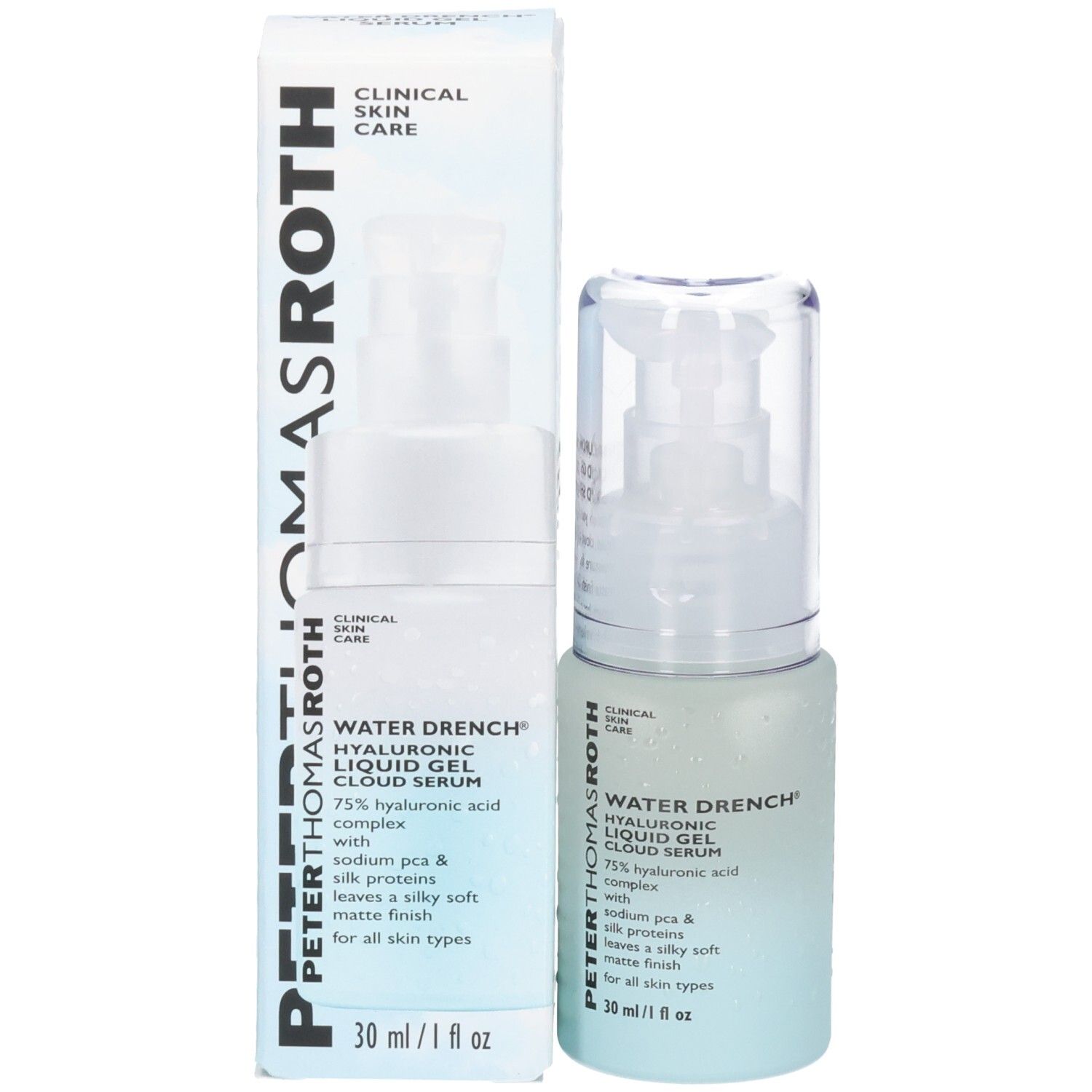 Peter Thomas Roth Water Drench Serum und seine Verpackungsbox nebeneinander. Beide zeigen das Produktlogo und Details.