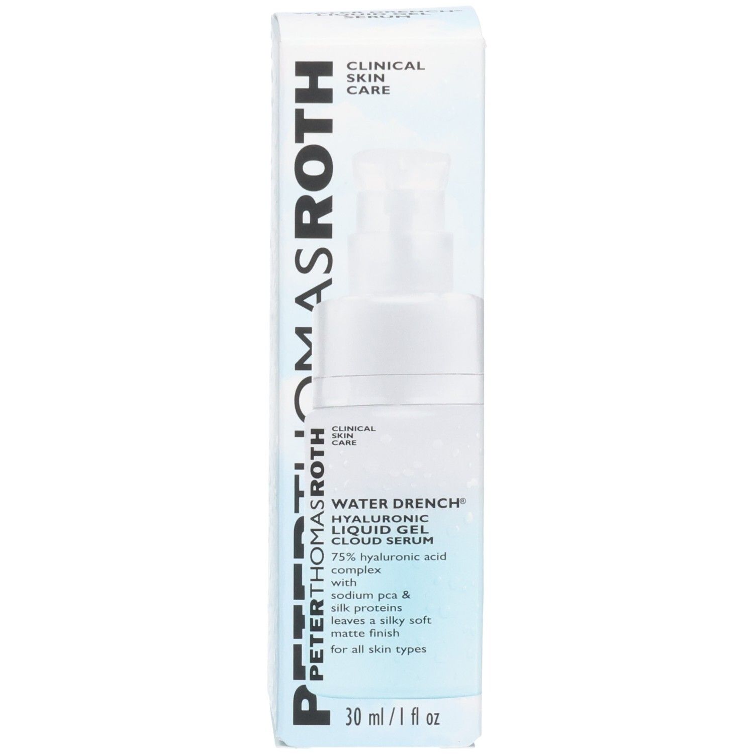 Verpackungsbox für Peter Thomas Roth Water Drench Serum. Zeigt Markenlogo, Produktname und wichtige Inhaltsstoffe.