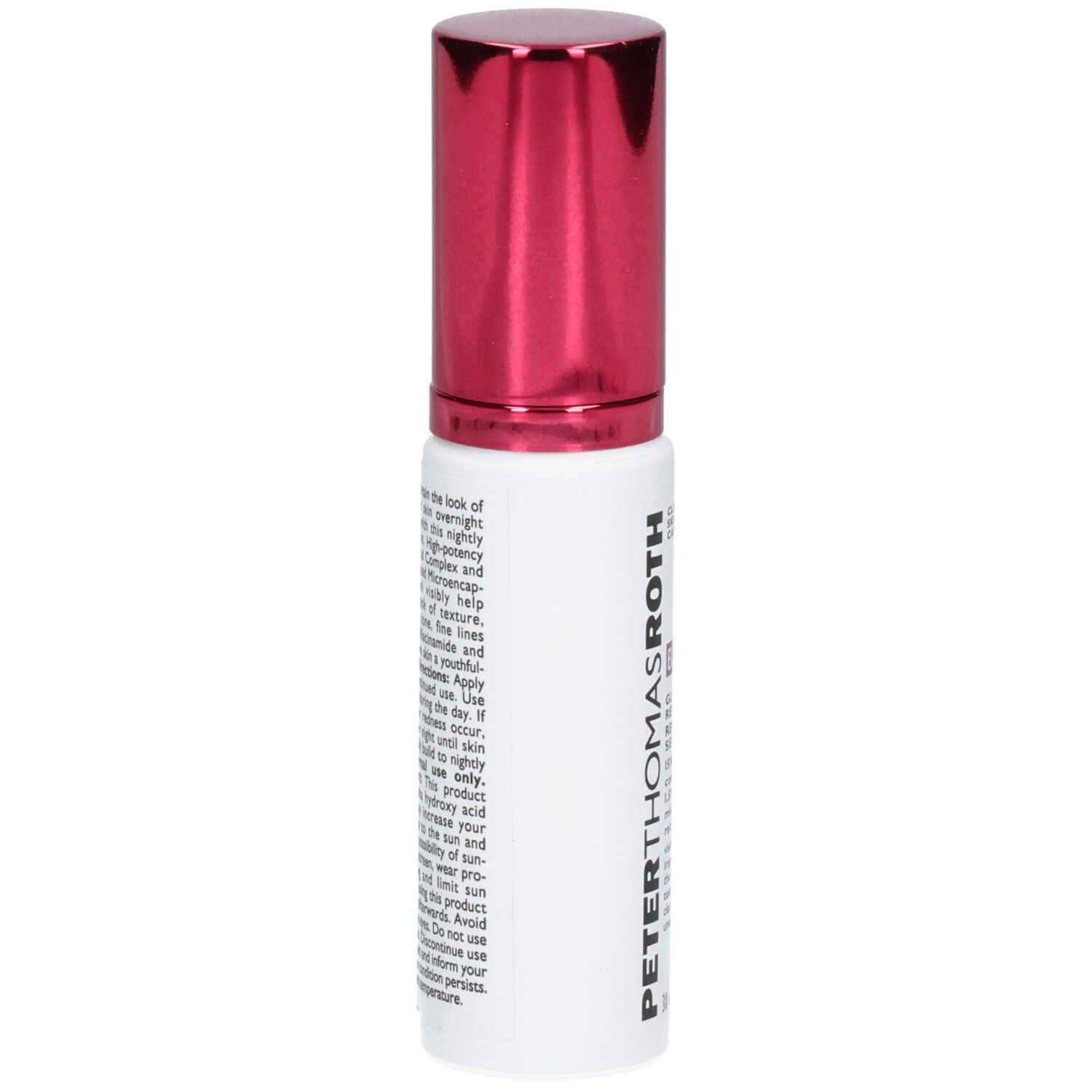Rückseite der Peter Thomas Roth Even Smoother Glycolic Retinol Serum Flasche mit Anwendungshinweisen.
