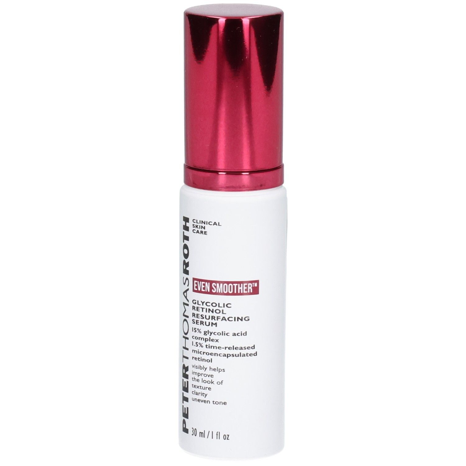 Peter Thomas Roth Even Smoother Glycolic Retinol Serum Flasche mit rotem Pumpspender, Vorderansicht.