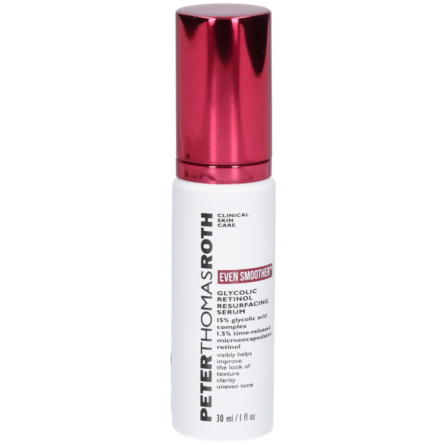Peter Thomas Roth Even Smoother Glycolic Retinol Serum Flasche mit rotem Pumpspender, leicht schräg.