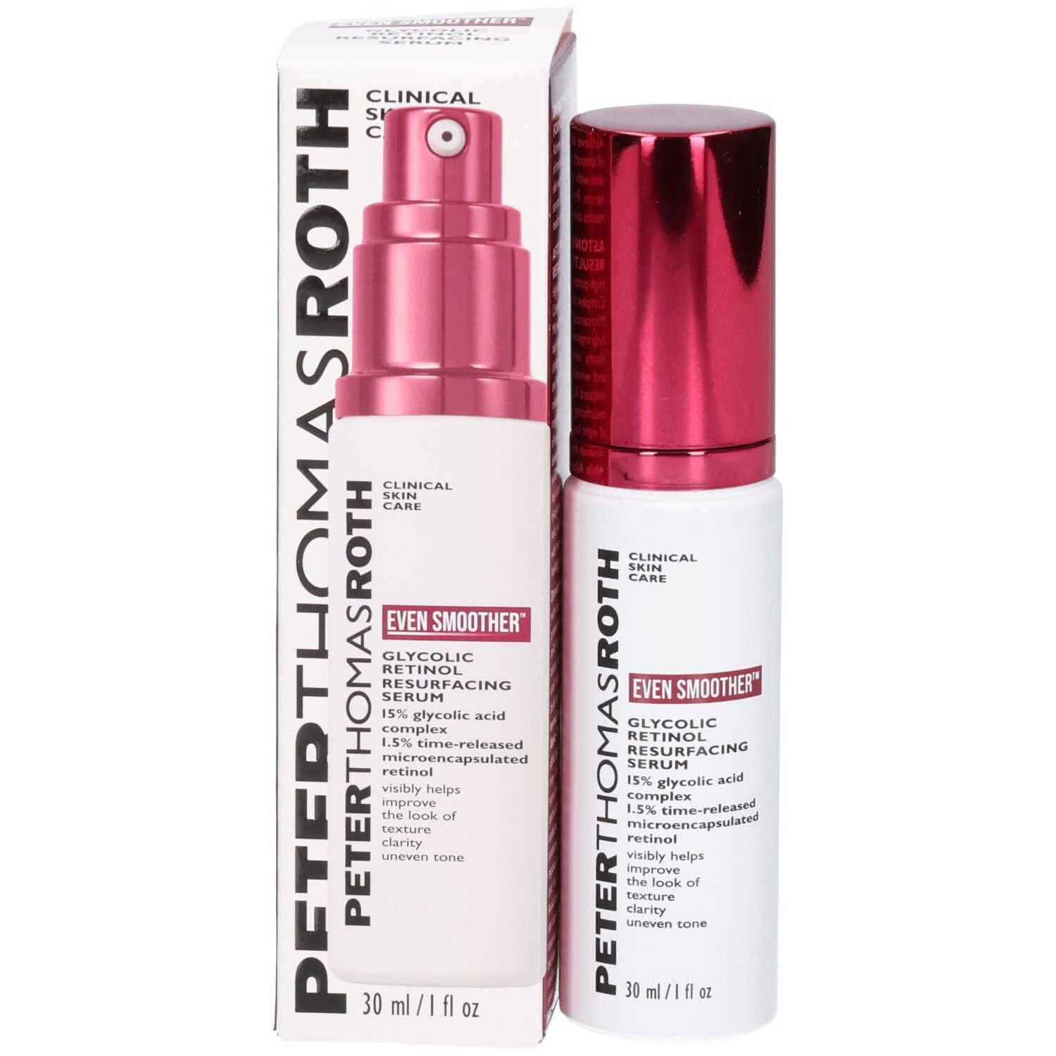 Peter Thomas Roth Even Smoother Glycolic Retinol Serum Flasche und Kartonverpackung.