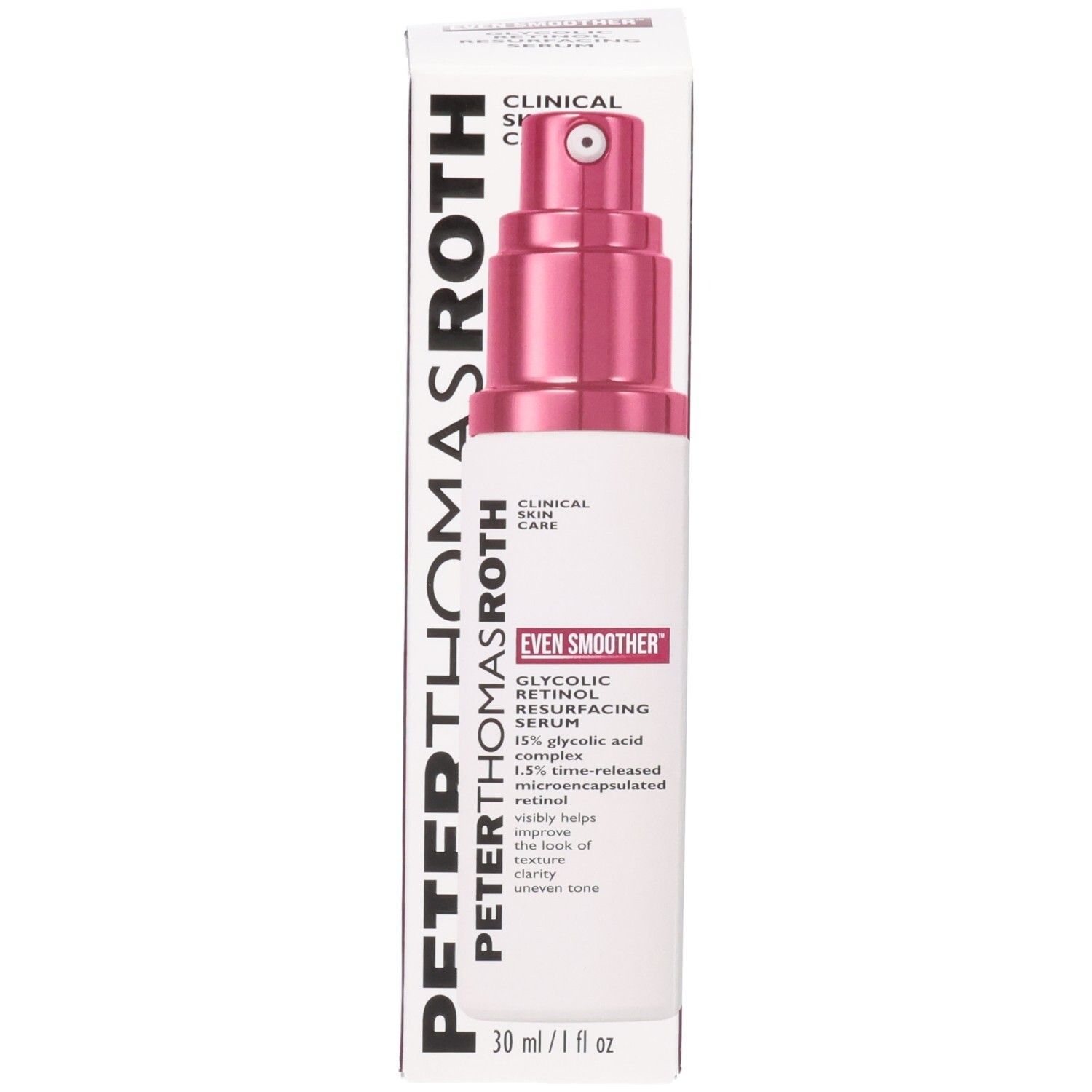 Peter Thomas Roth Even Smoother Glycolic Retinol Serum Flasche neben der Kartonverpackung.