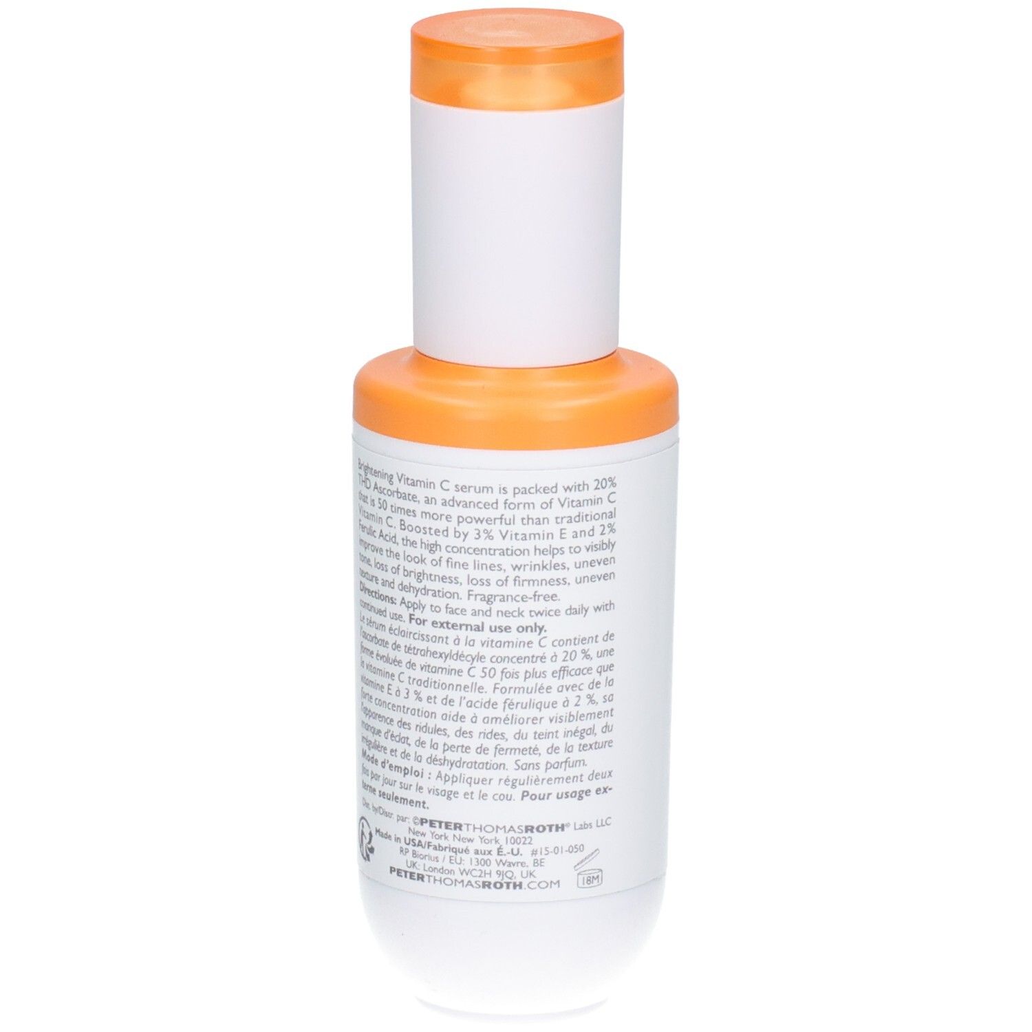 Peter Thomas Roth Potent C Power Serum Flasche, Rückseitenansicht mit Produktinformationen.