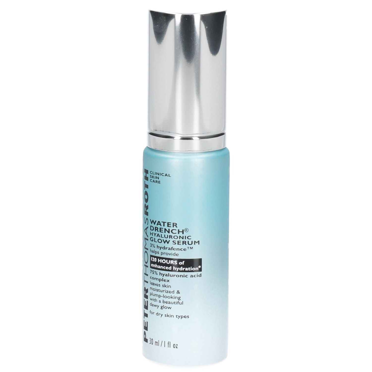 Peter Thomas Roth Water Drench Hyaluronic Glow Serum Flasche mit Pumpspender, Vorderansicht.