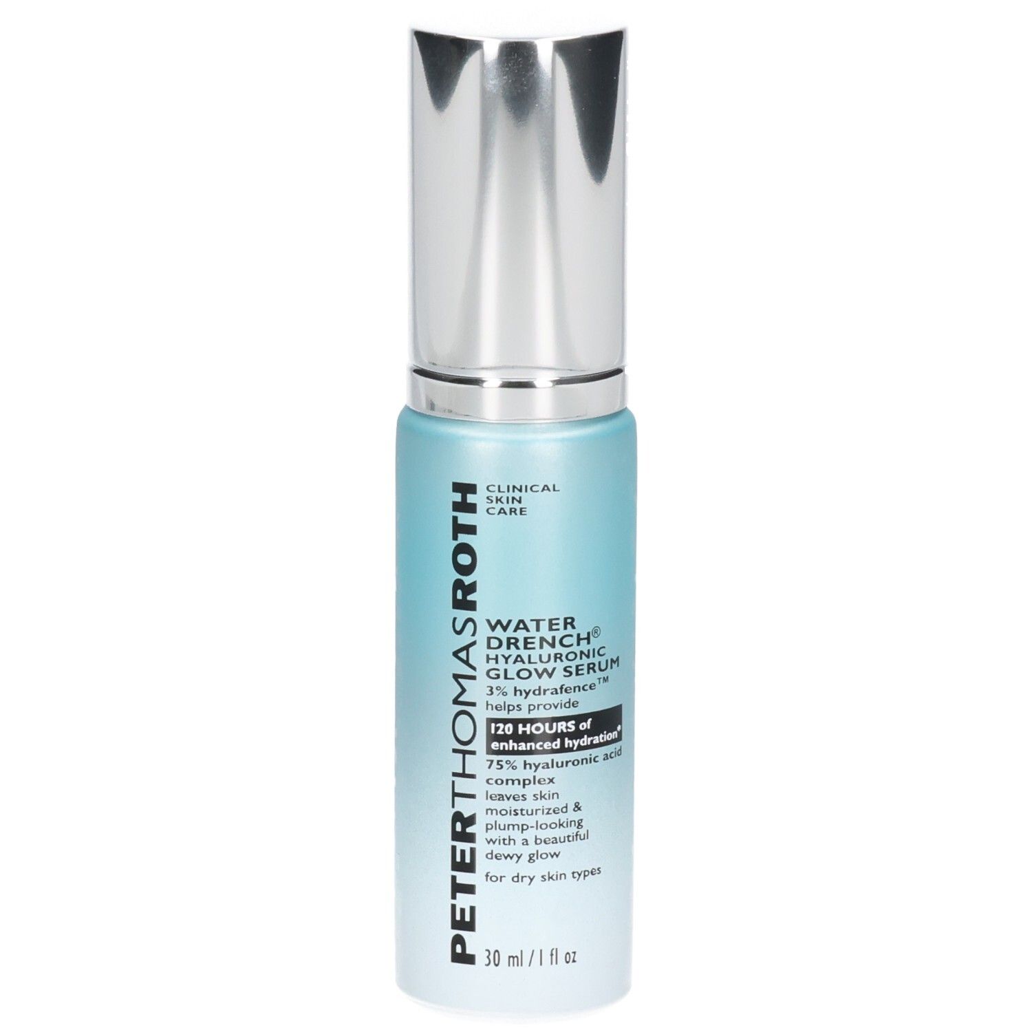 Peter Thomas Roth Water Drench Hyaluronic Glow Serum Flasche mit Pumpspender, Vorderansicht.