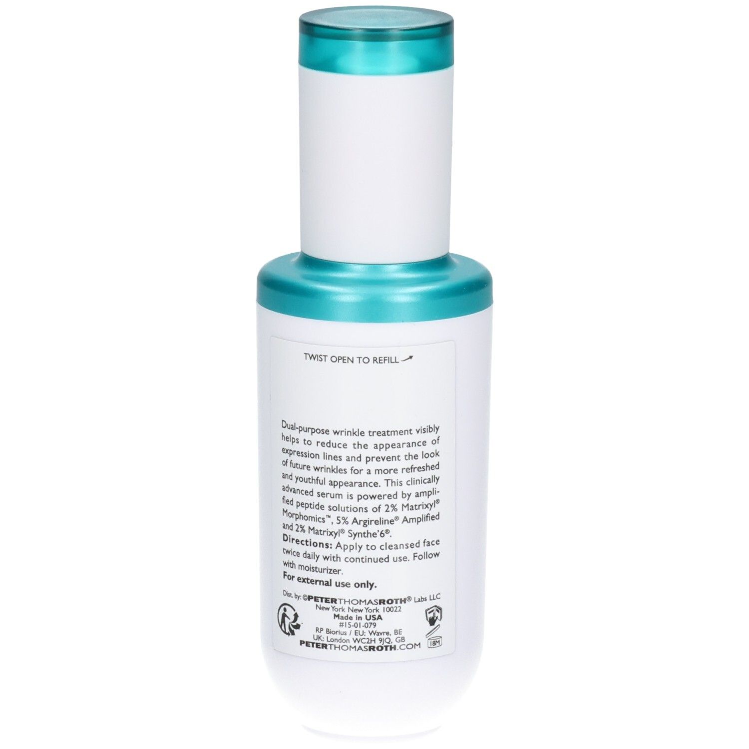 Rückseite der Peter Thomas Roth Peptide Skinjection Serum Flasche mit Anwendungshinweisen.