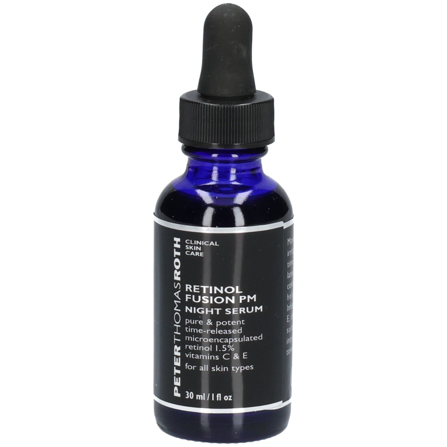 Peter Thomas Roth Retinol Fusion PM Night Serum in blauer Glasflasche mit Pipette. Enthält 1.5% Retinol.