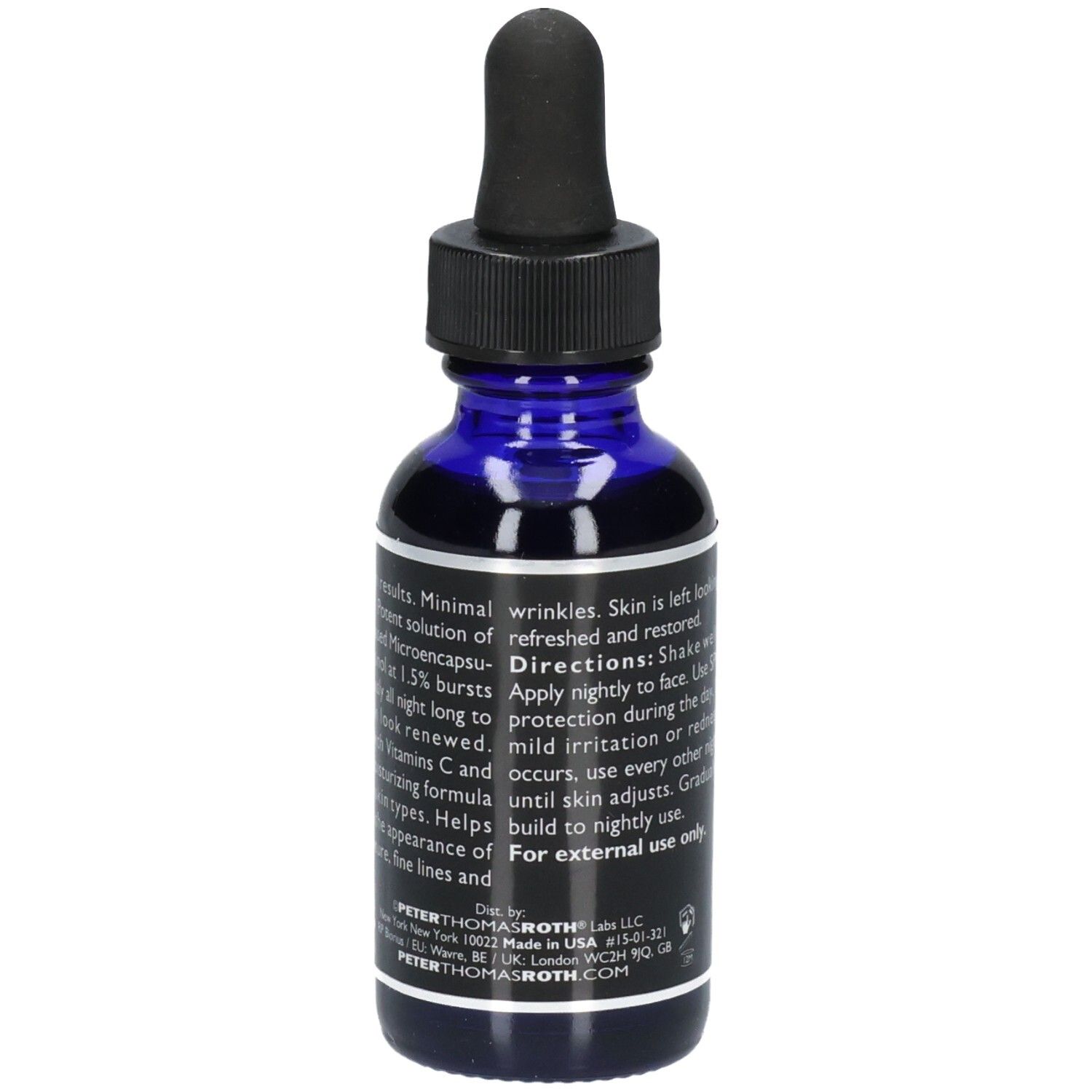 Peter Thomas Roth Retinol Fusion PM Night Serum Flasche mit detaillierten Anwendungshinweisen und Produktinformationen.