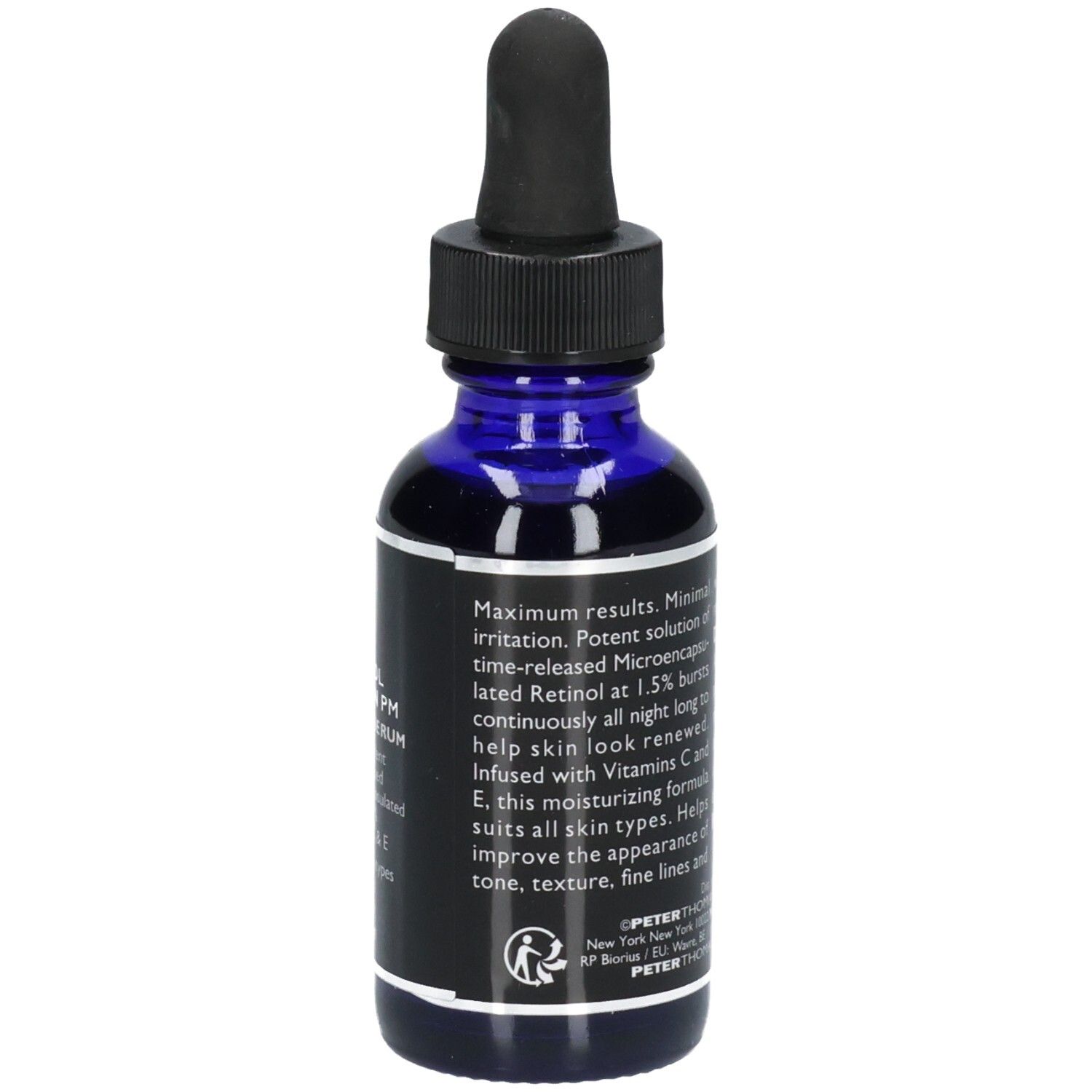 Peter Thomas Roth Retinol Fusion PM Night Serum Flasche mit Fokus auf Retinol-Konzentration und Hauttypen.