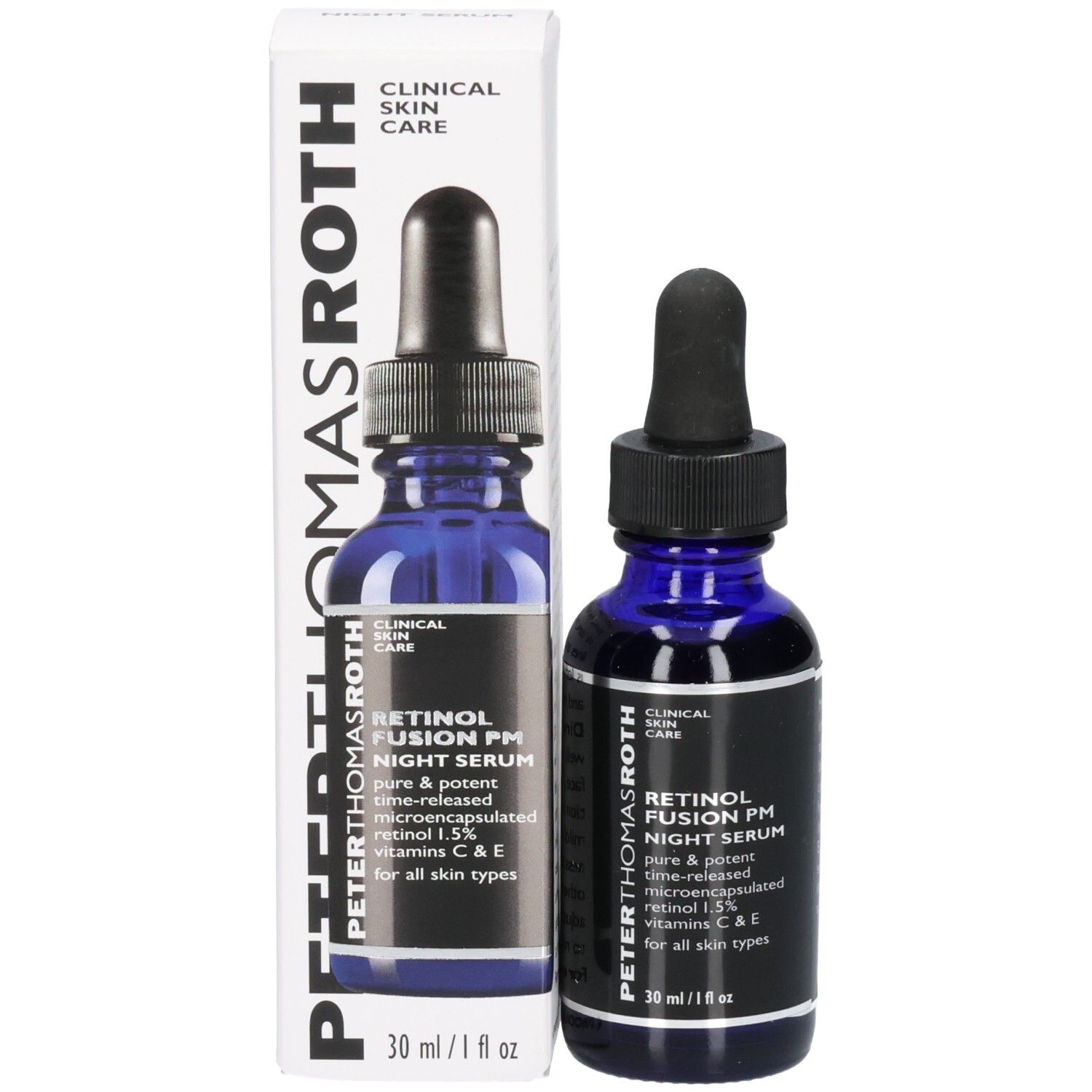 Peter Thomas Roth Retinol Fusion PM Night Serum Flasche und Verpackungsschachtel, 30 ml / 1 fl oz.