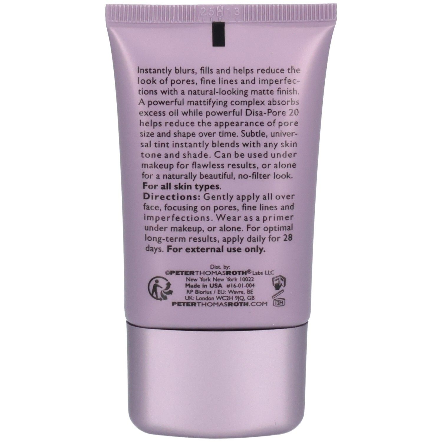 Rückseite der Peter Thomas Roth Skin To Die For Mattifying Primer Tube mit Produktinformationen.