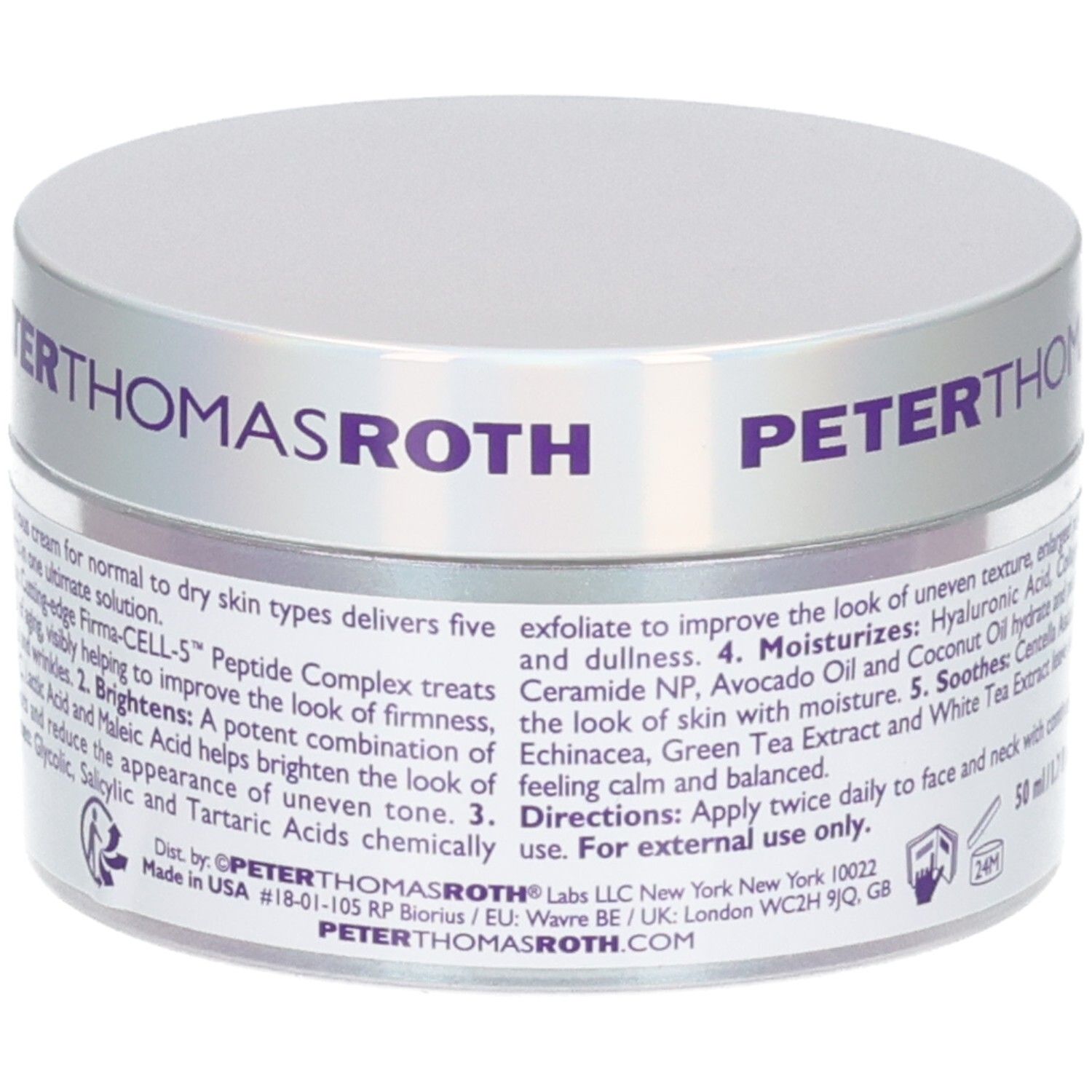 Peter Thomas Roth Tiegel mit 50ml Anti-Aging Feuchtigkeitscreme, Rückseite mit Anwendungshinweisen.