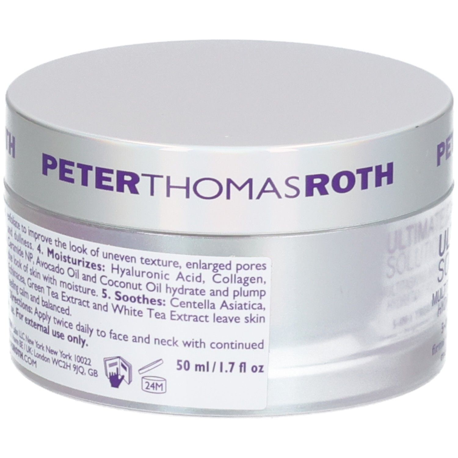 Peter Thomas Roth Tiegel mit 50ml Ultimate Solution 5 Multitasking Moisturizer, Etikett mit Anwendung.