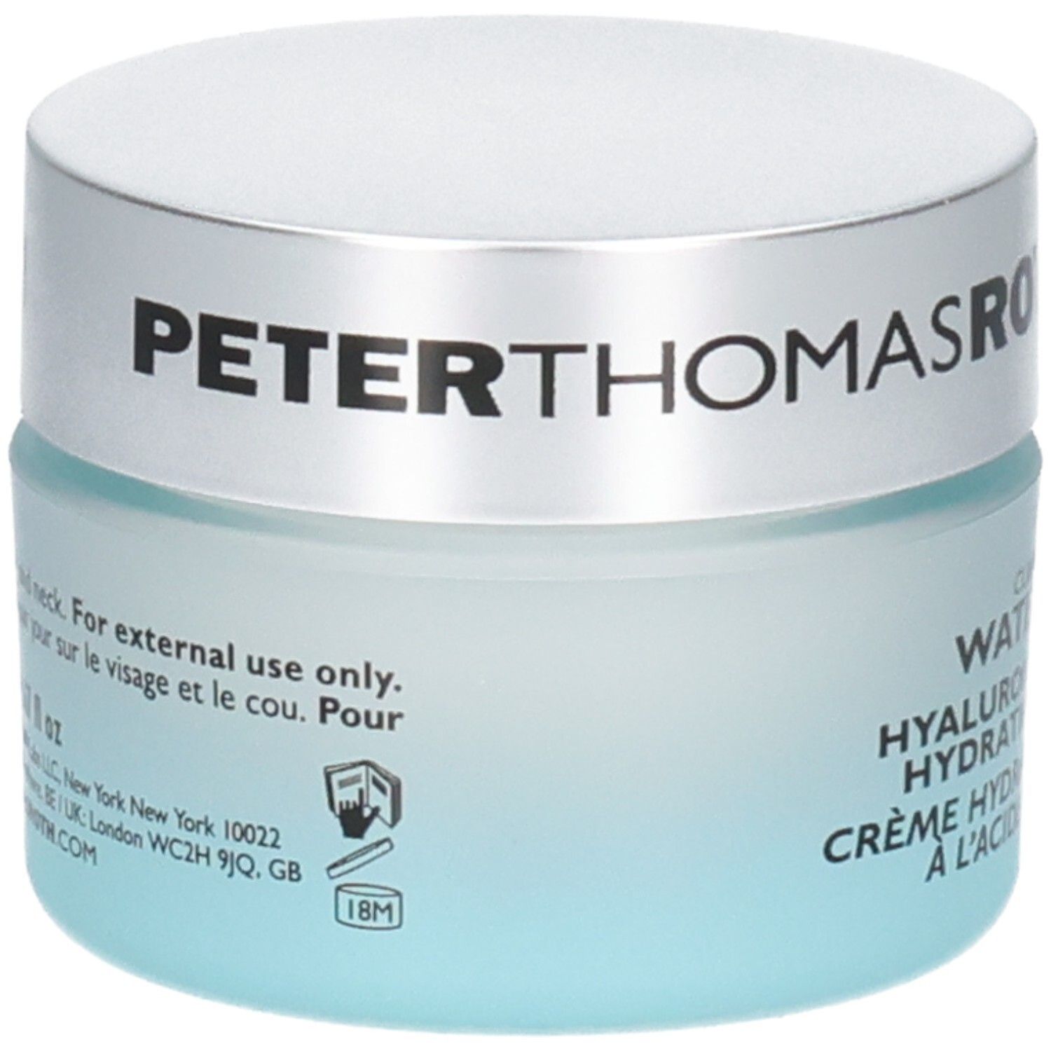 Peter Thomas Roth Water Drench Hyaluronic Cloud Cream Feuchtigkeitscreme, Rückseite mit Anwendungshinweisen.