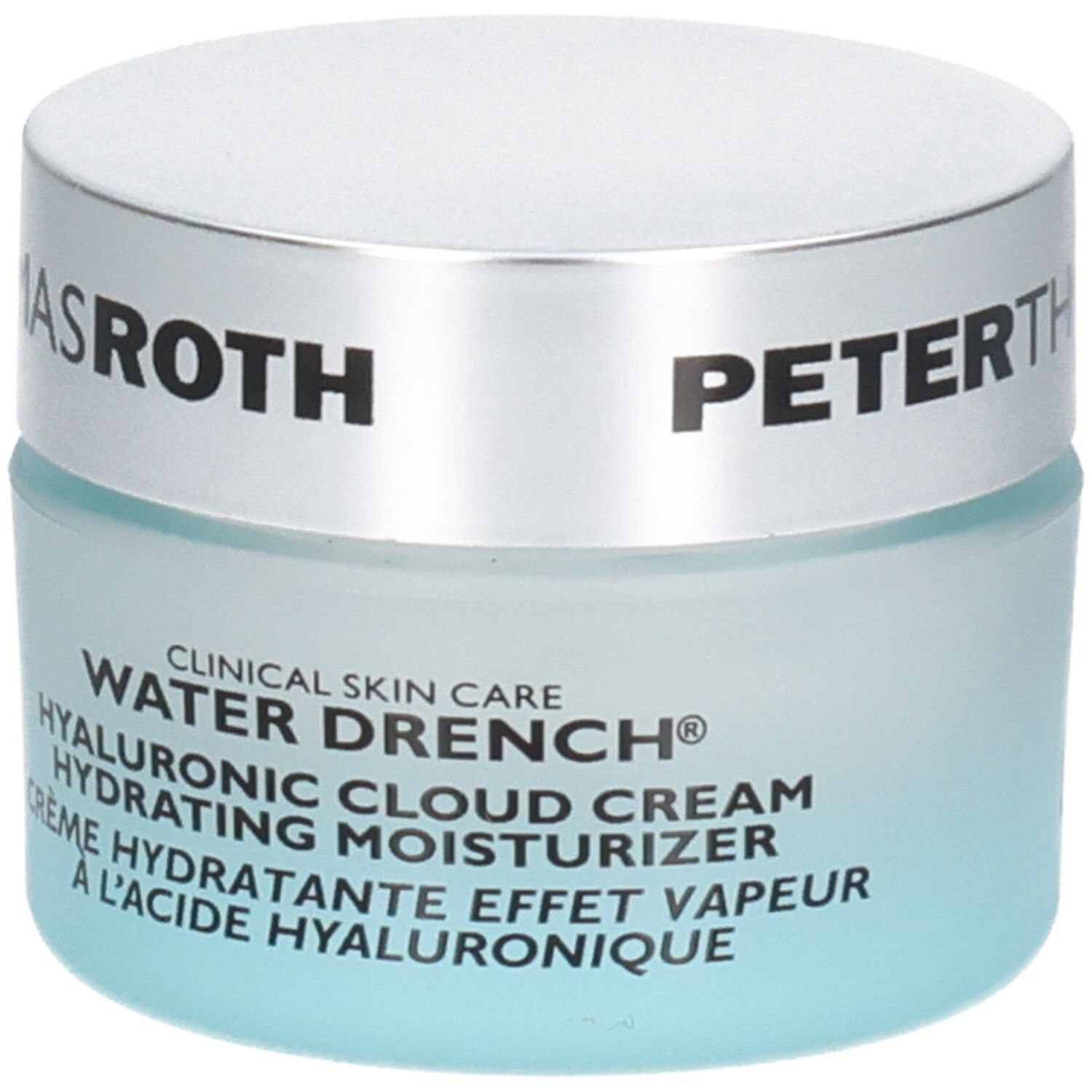 Peter Thomas Roth Water Drench Hyaluronic Cloud Cream Feuchtigkeitscreme, Glasbehälter mit silbernem Deckel.