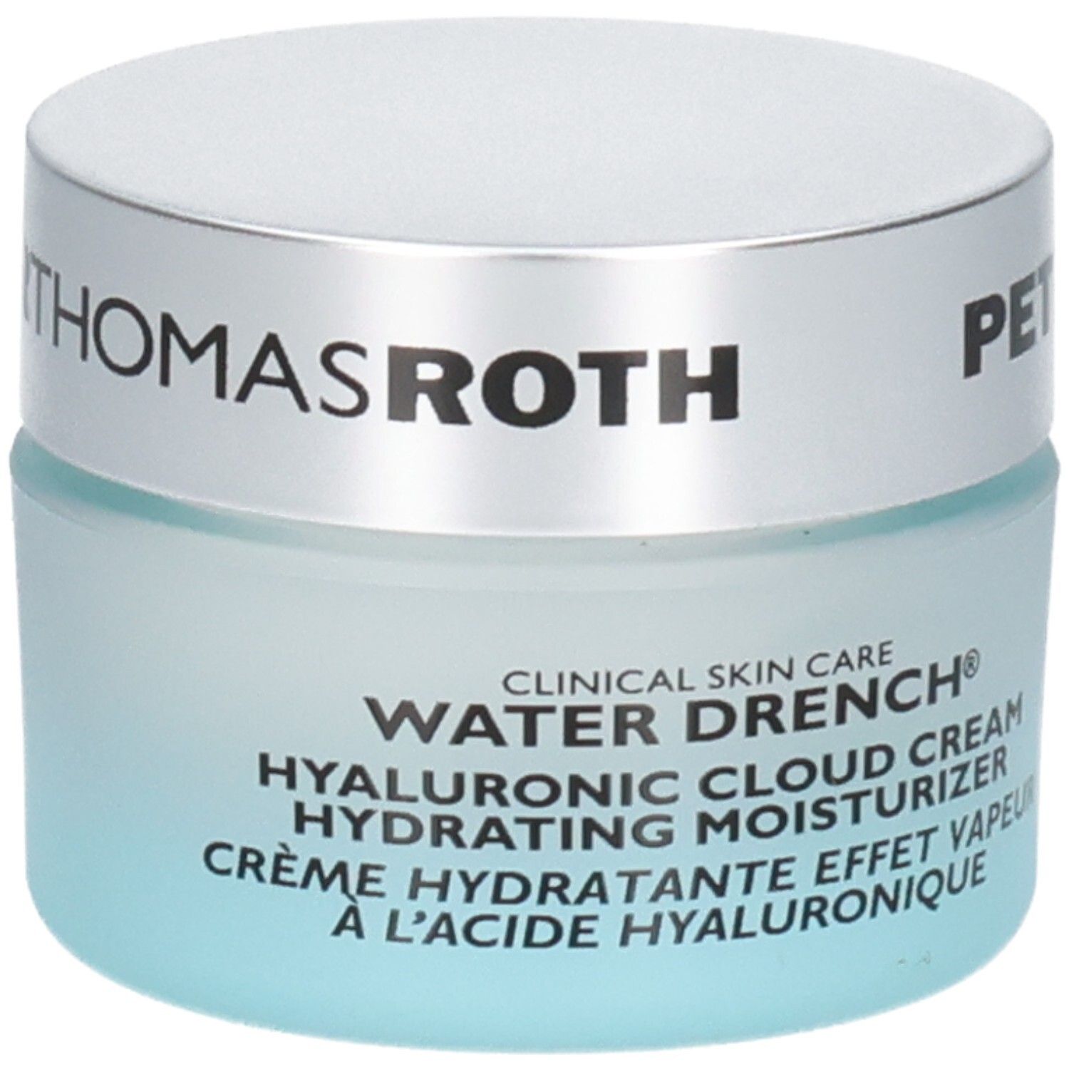 Peter Thomas Roth Water Drench Hyaluronic Cloud Cream Feuchtigkeitscreme, Glasbehälter mit silbernem Deckel.