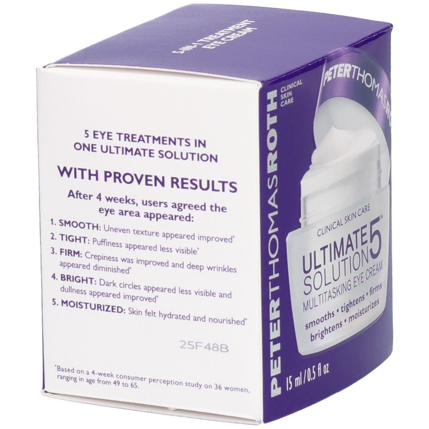 Rückseite der Peter Thomas Roth Ultimate Solution 5 Augencreme-Verpackung mit Anwendungsergebnissen.