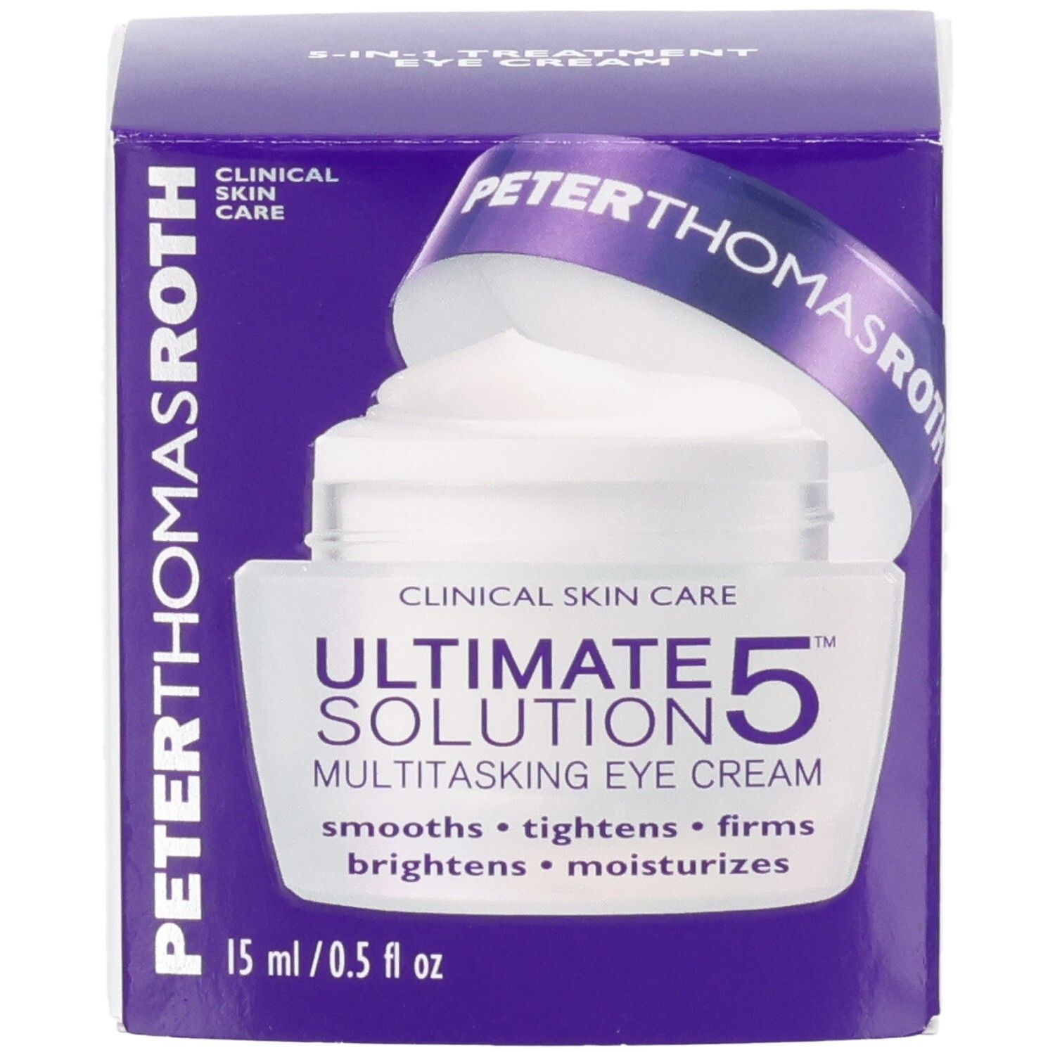 Peter Thomas Roth Ultimate Solution 5 Augencreme, geöffnet, mit violetter Verpackung.
