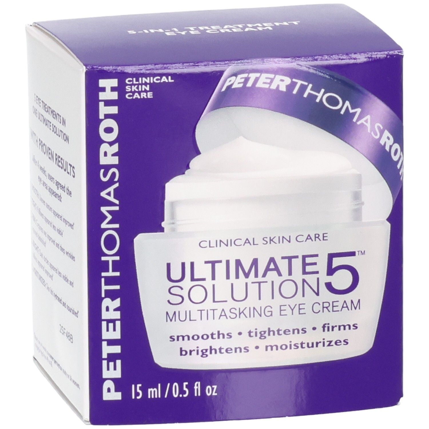 Peter Thomas Roth Ultimate Solution 5 Augencreme, geöffnet, in violetter Verpackung.
