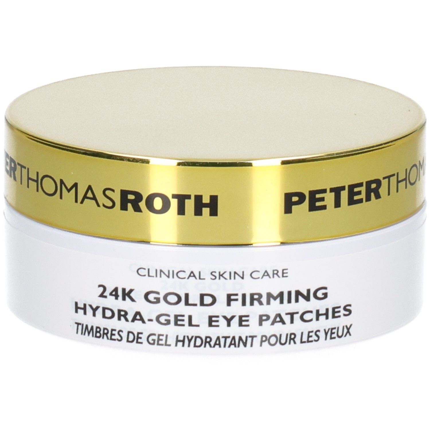Peter Thomas Roth 24K Gold Firming Hydra-Gel Eye Patches in weißem Tiegel mit goldfarbenem Deckel.