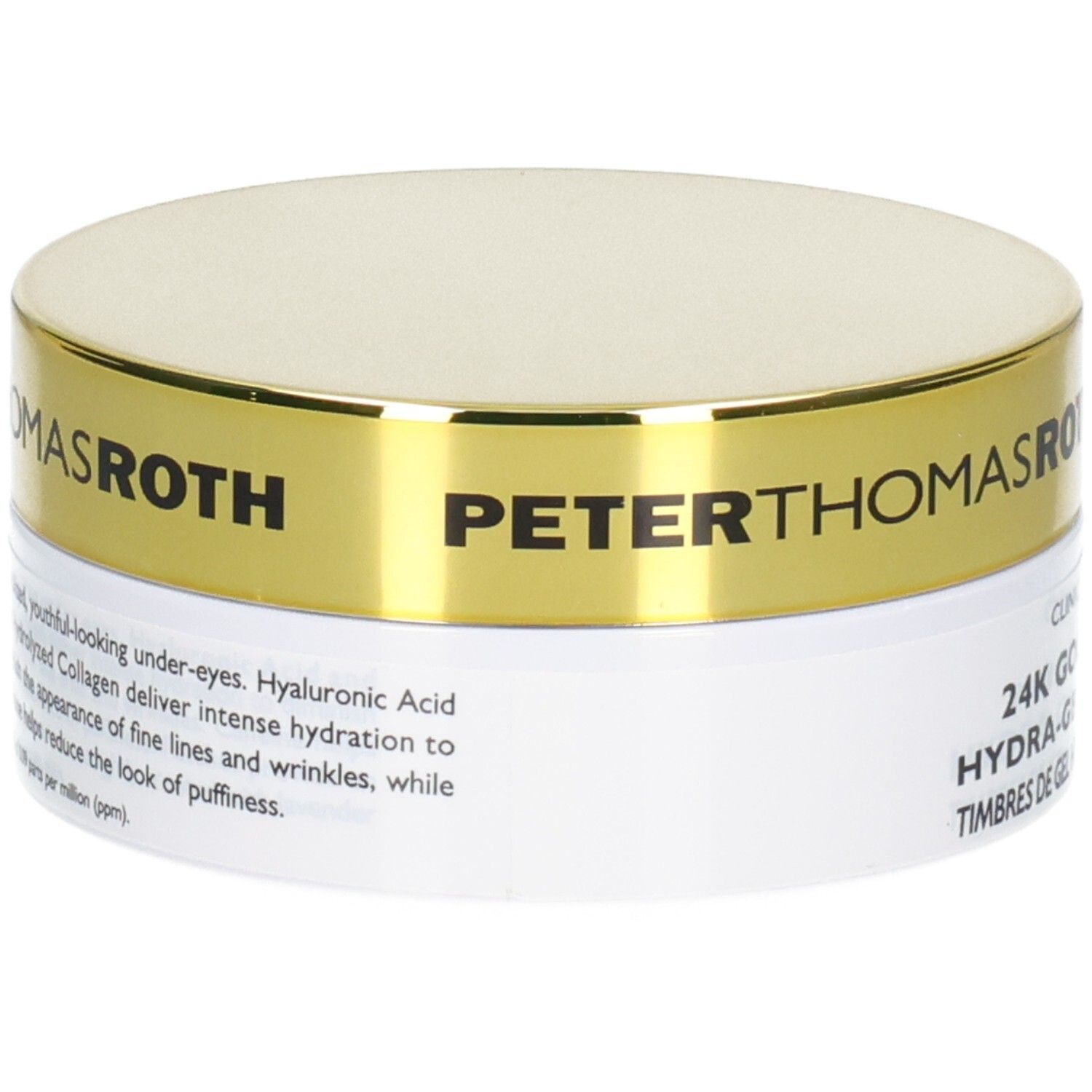 Peter Thomas Roth 24K Gold Firming Hydra-Gel Eye Patches: Beschreibung auf dem Tiegel mit Goldrand.