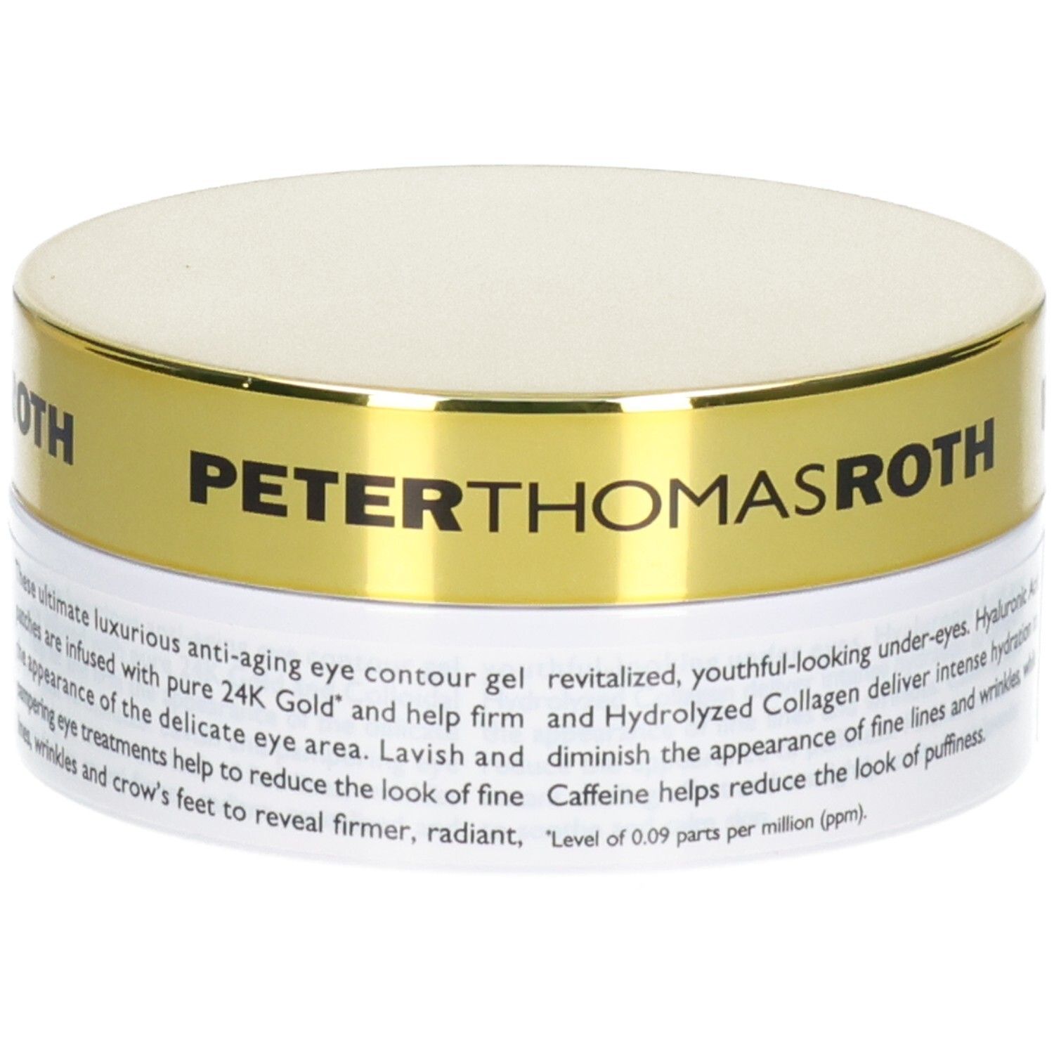 Peter Thomas Roth 24K Gold Firming Hydra-Gel Eye Patches: Produktbeschreibung auf dem Tiegel.