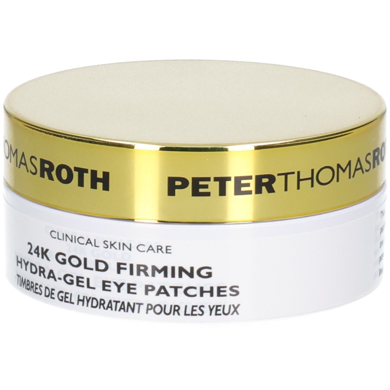 Peter Thomas Roth 24K Gold Firming Hydra-Gel Eye Patches: weißer Tiegel mit goldfarbenem Schriftzug.