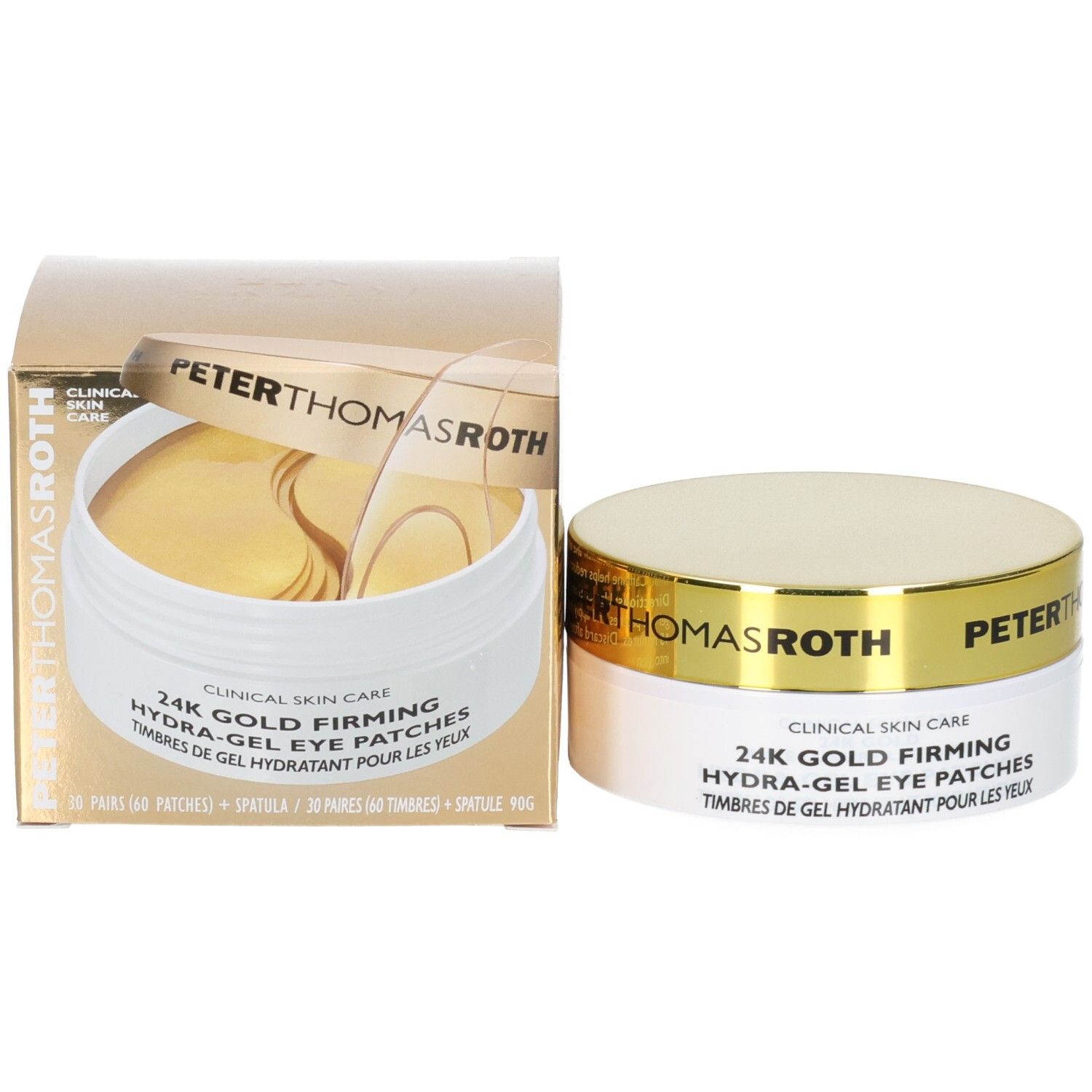 Peter Thomas Roth 24K Gold Firming Hydra-Gel Eye Patches: Tiegel und geöffnete Box mit Patches.