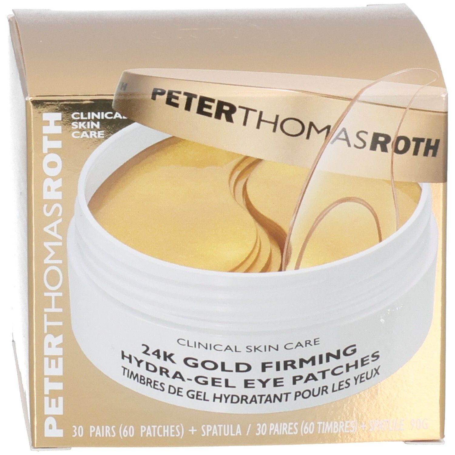 Peter Thomas Roth 24K Gold Firming Hydra-Gel Eye Patches: geöffnete Box mit Patches und Spatel.