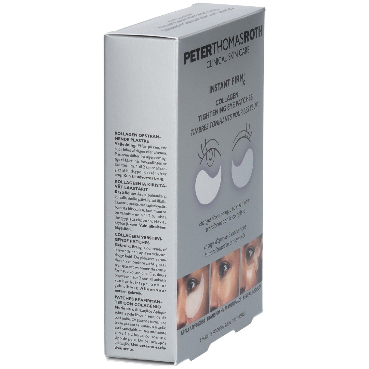 Rückseite der Verpackung von Peter Thomas Roth Instant Firmx Collagen Tightening Eye Patches mit Anwendungshinweisen.