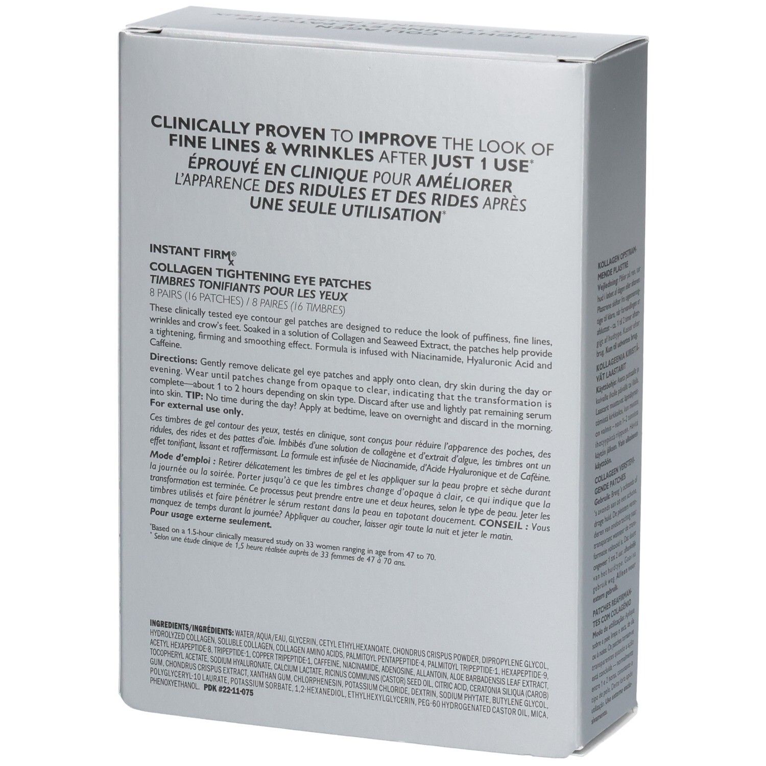 Rückseite der Verpackung von Peter Thomas Roth Instant Firmx Collagen Tightening Eye Patches mit Inhaltsstoffen.