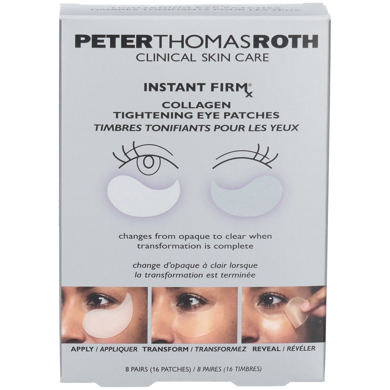 Vorderseite der Verpackung von Peter Thomas Roth Instant Firmx Collagen Tightening Eye Patches mit Abbildungen.
