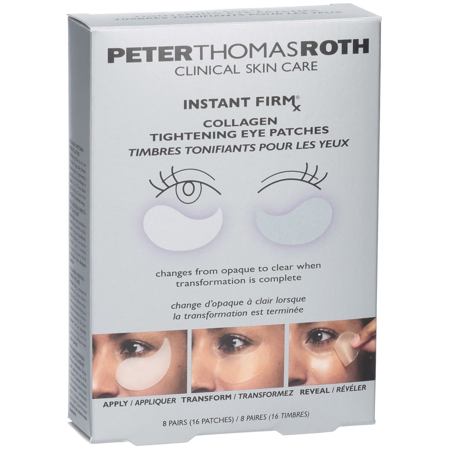 Vorderseite der Verpackung von Peter Thomas Roth Instant Firmx Collagen Tightening Eye Patches mit Abbildungen.